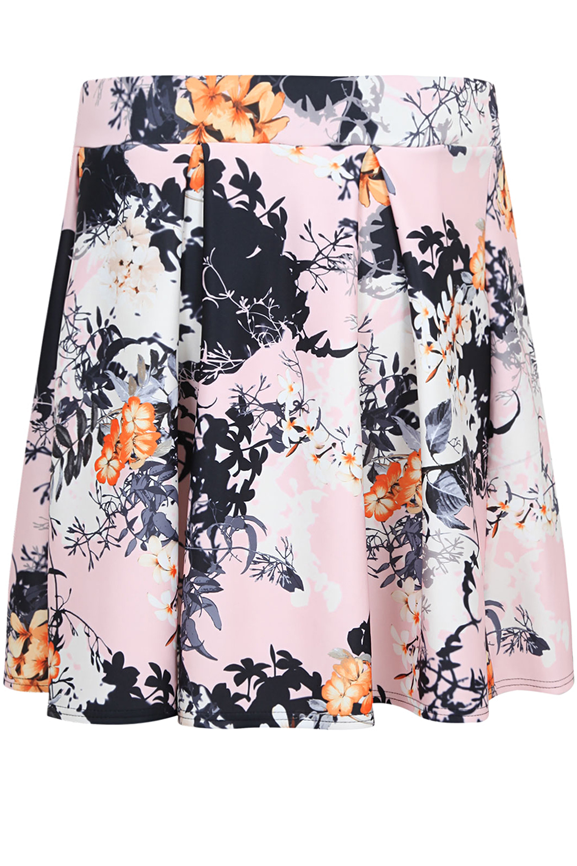Nude Pink & Black Oriental Floral Print Skater Skirt Plus Size 14 to 28