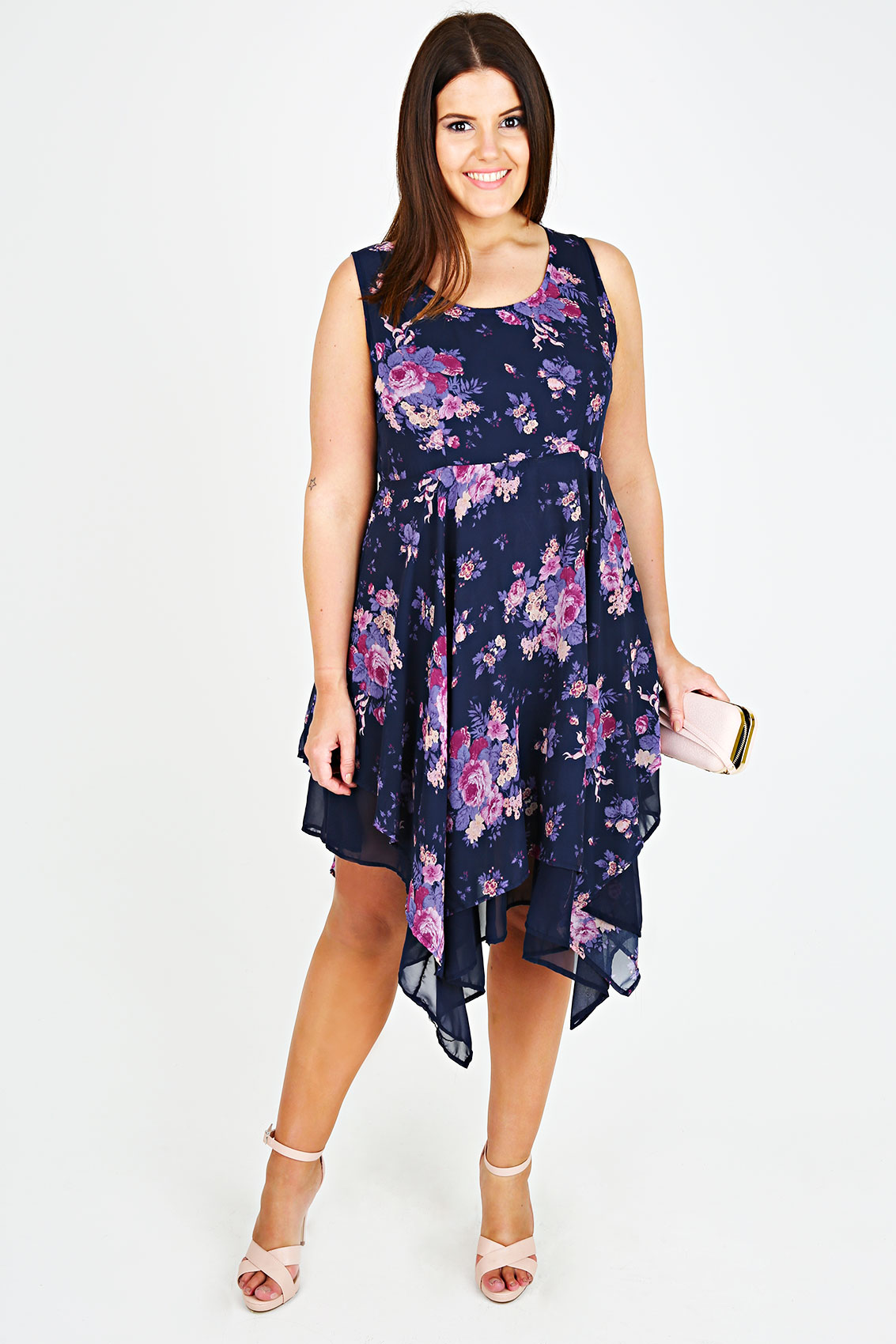 Navy & Purple Sleeveless Floral Print Hanky Hem Dress Plus Size 14 to 32