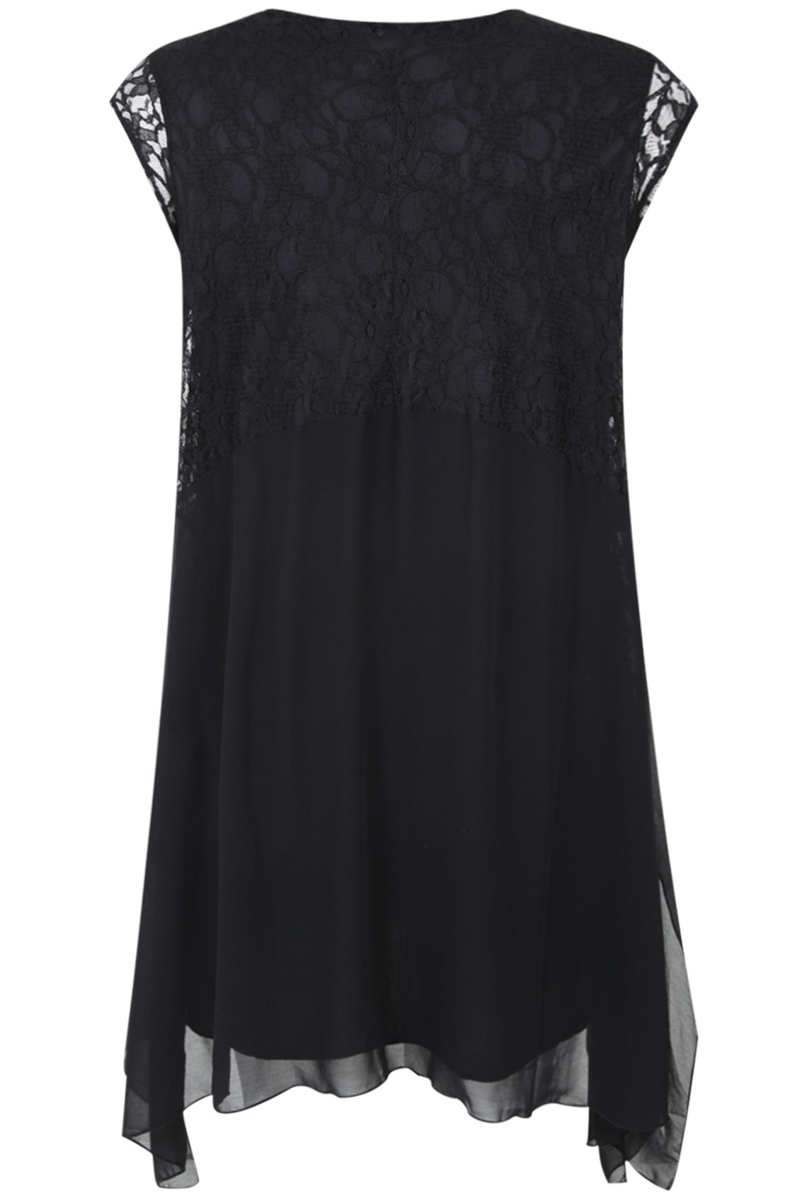 Black Chiffon Tunic Dress With Lace Top Panel And Hanky Hem plus size ...