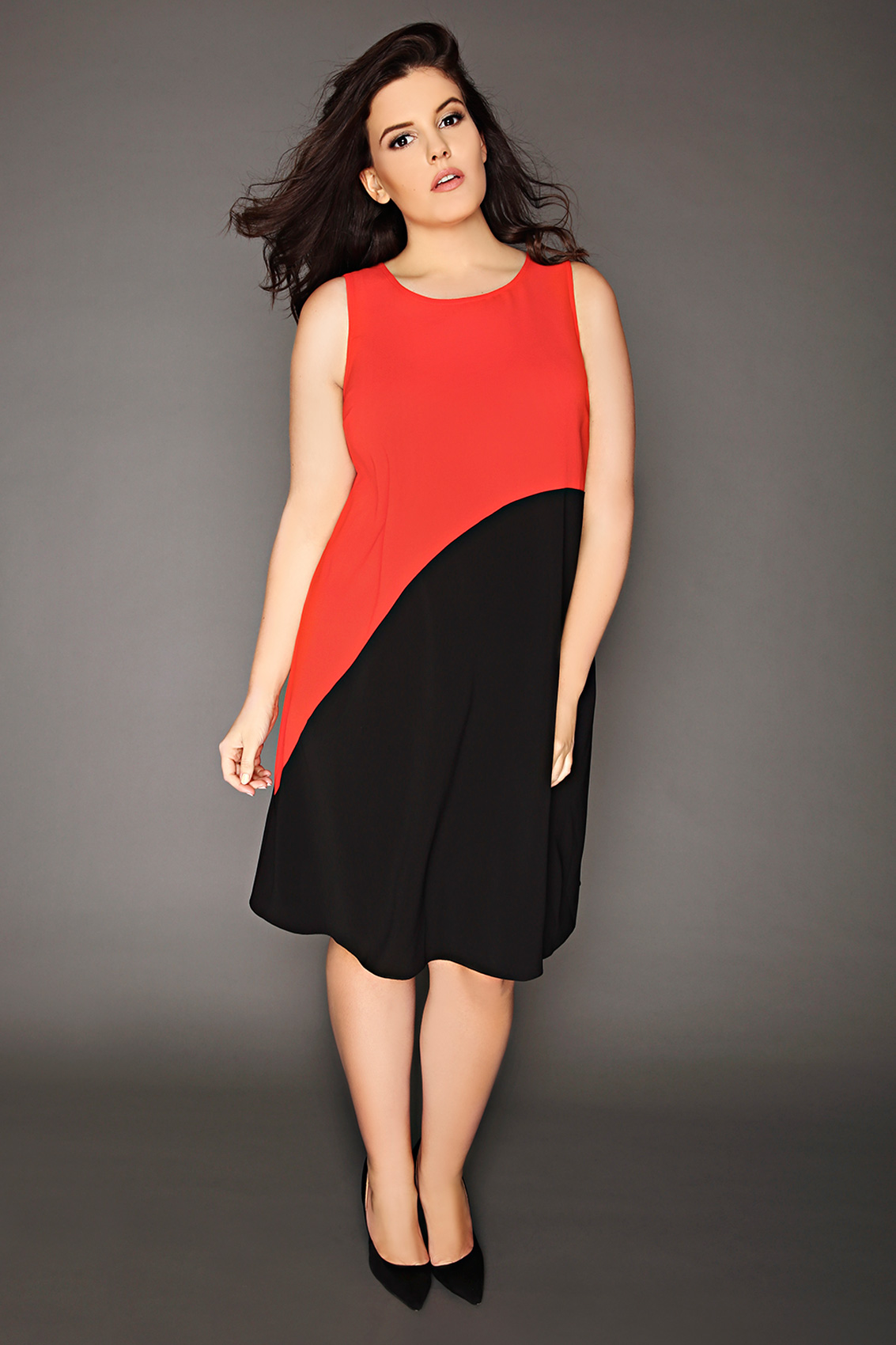 Red & Black Asymmetrical Colour Block Dress Plus Size 14 to 36