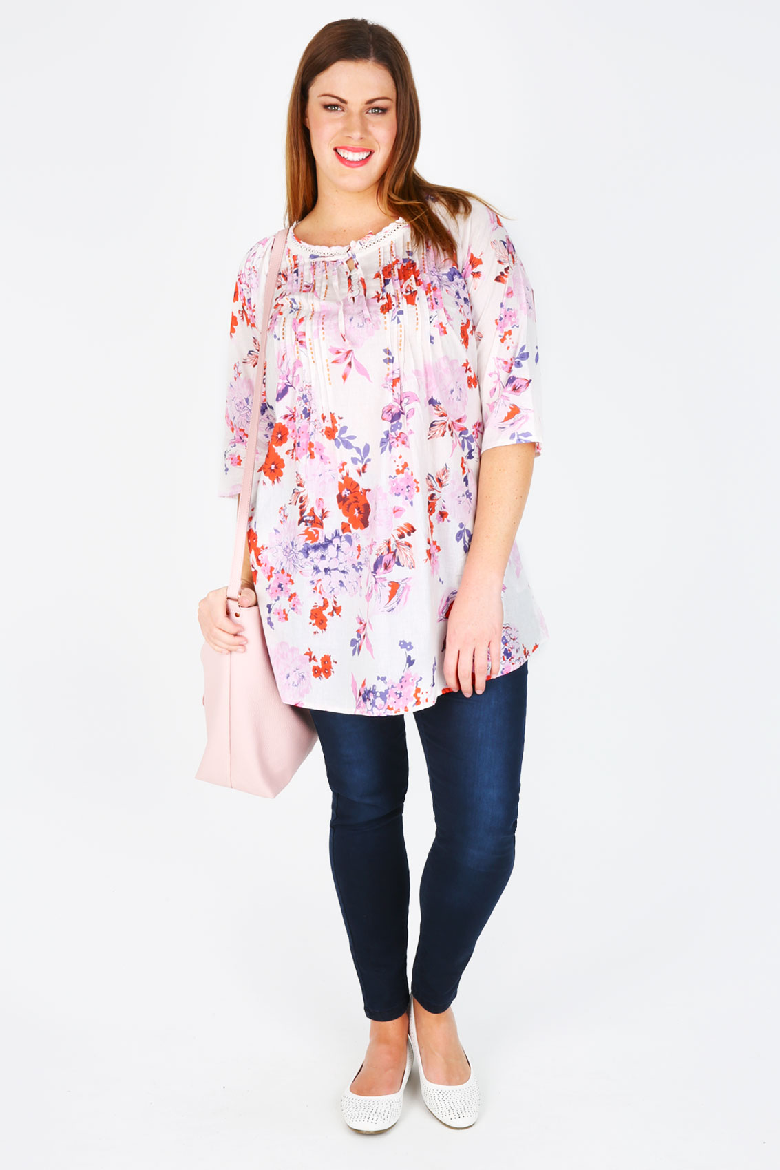 Ivory And Orange Floral Long Line Blouse Plus Size 16,18,20,22,24,26,28 ...