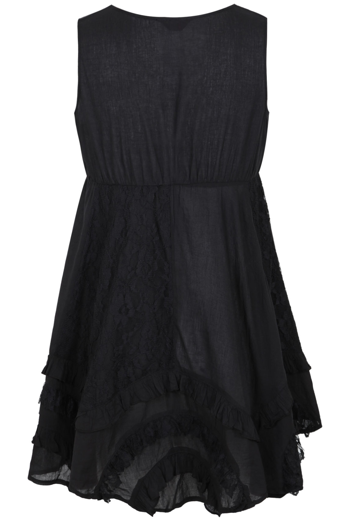 Black Sleeveless Tunic Dress With Lace Panels And Frill Trim plus size ...
