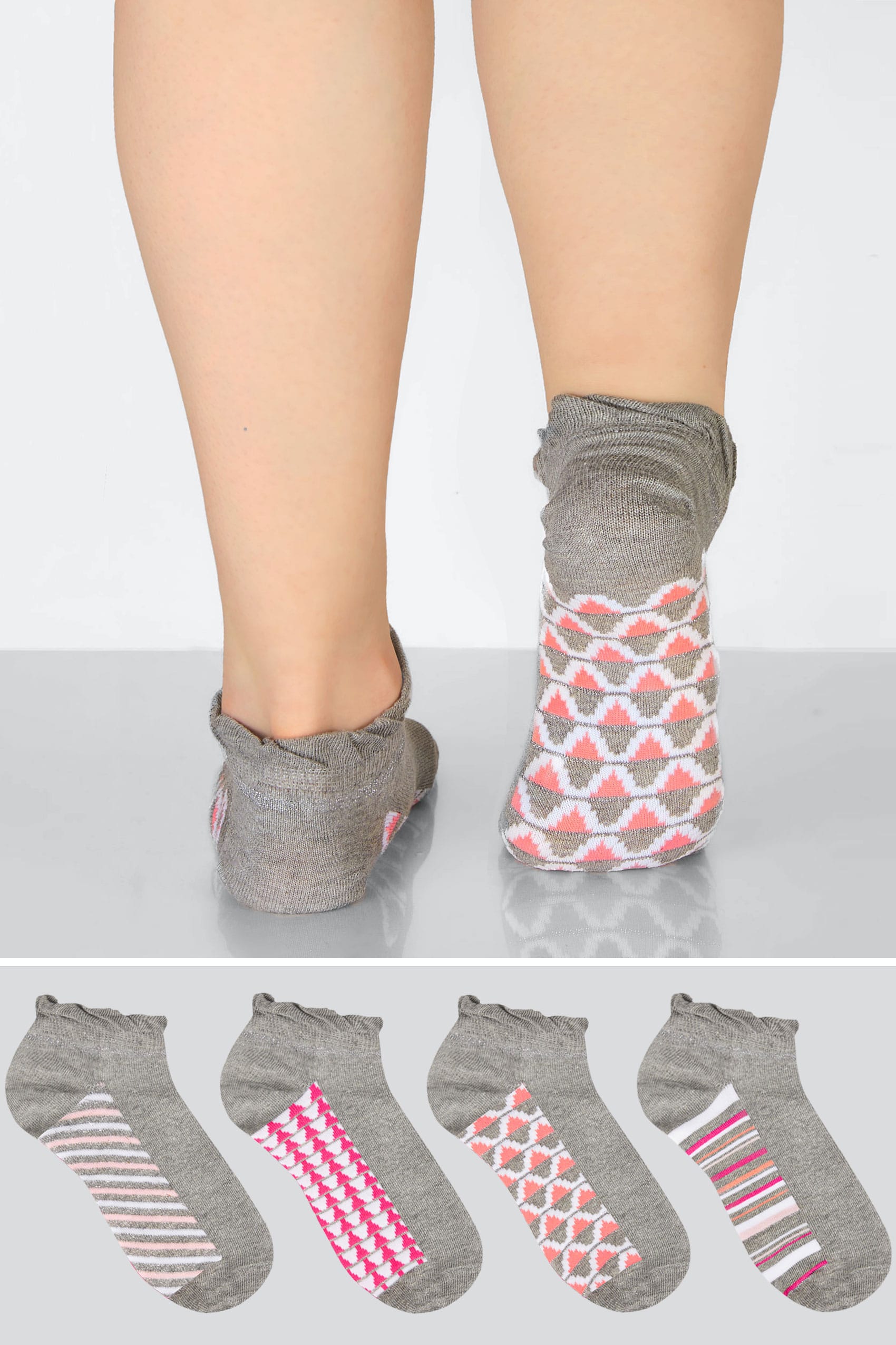 4 PACK Grey & Multi Sparkle Geo Print Trainer Socks