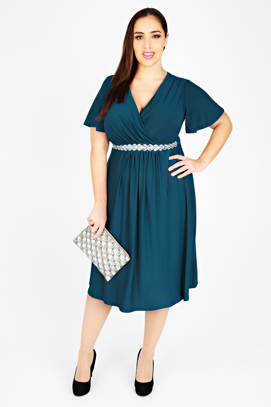 Teal Wrap Front Dress With Waist Embellishment Plus size 14,16,18,20,22 ...