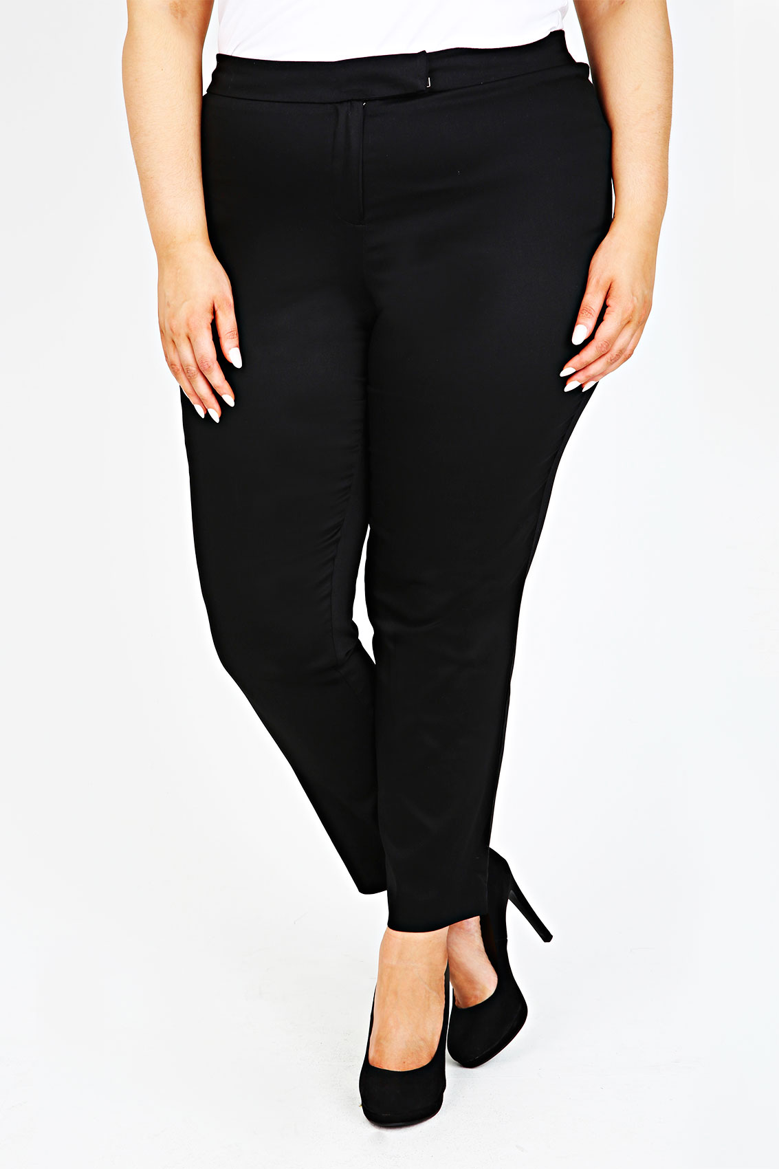 Black Cotton Sateen Slim Leg Trousers With Stretch Waist Plus Size 14 