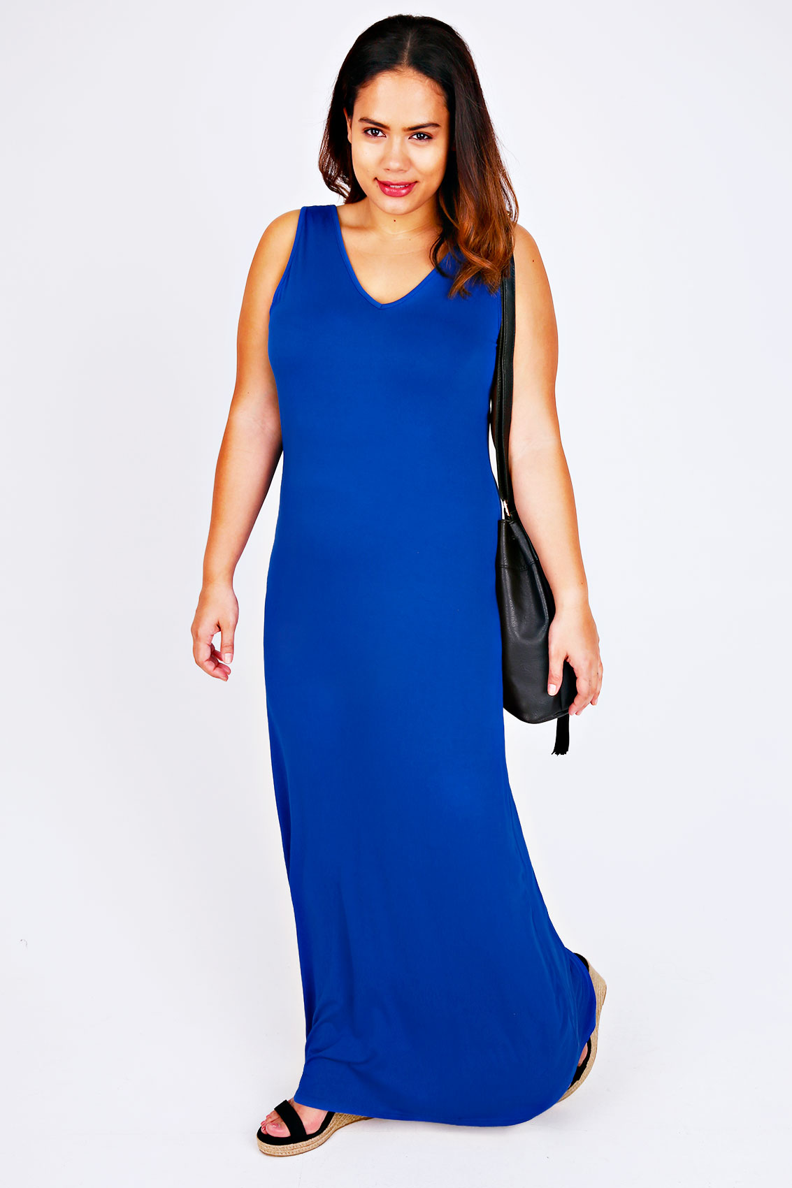 Cobalt Blue Plain V-Neck Sleeveless Jersey Maxi Dress Plus Size 14 to 36