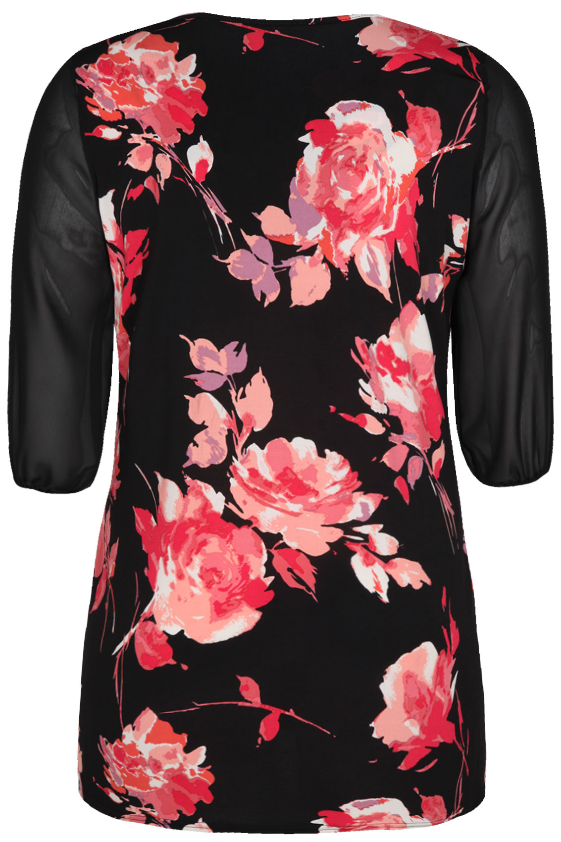 Black And Coral Floral Print Tunic With Chiffon Sleeves plus size 16,18 ...