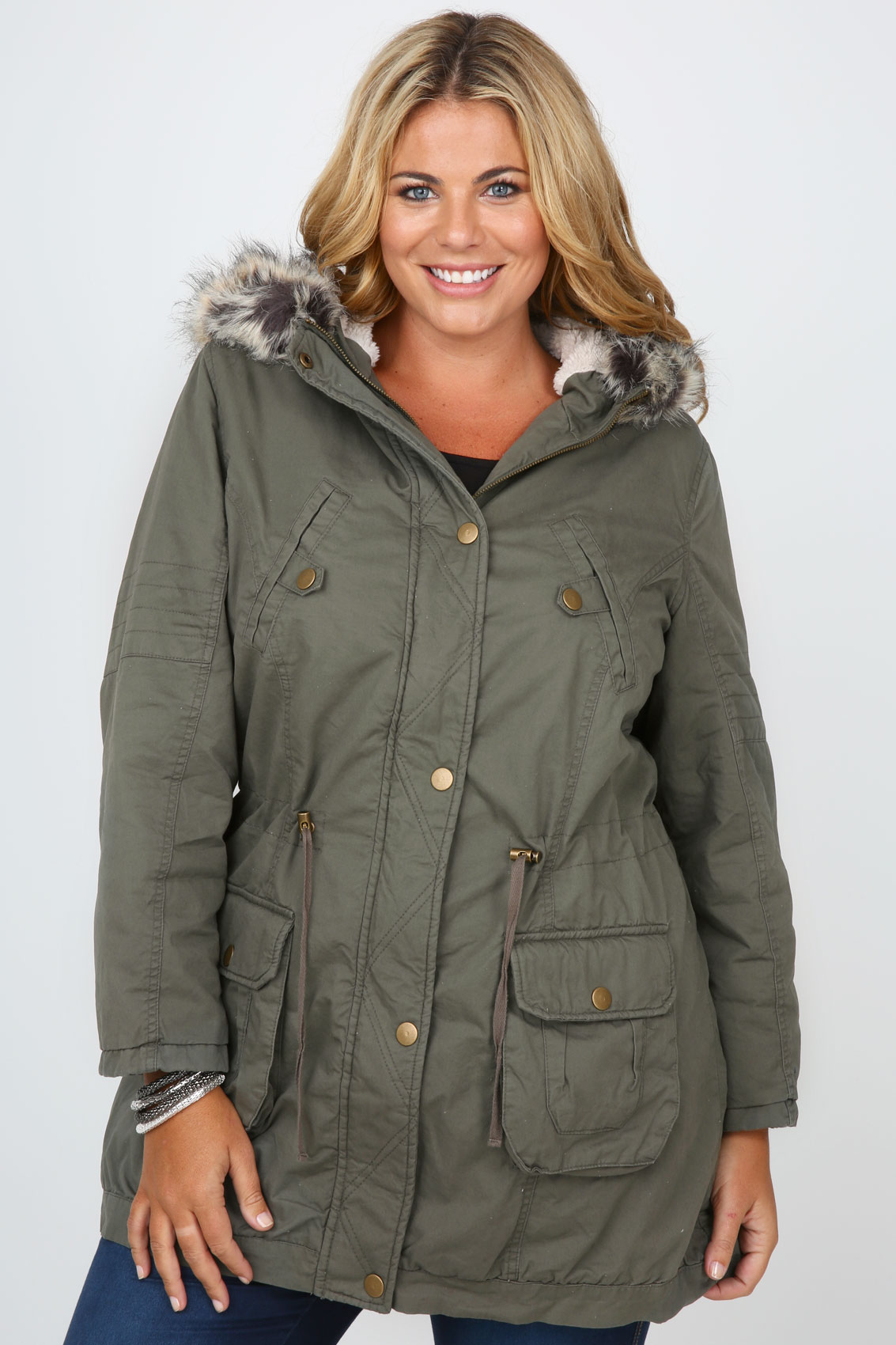 Khaki Cotton Twill Parka With Fur Trimmed Hood And Fleece Lining plus ...