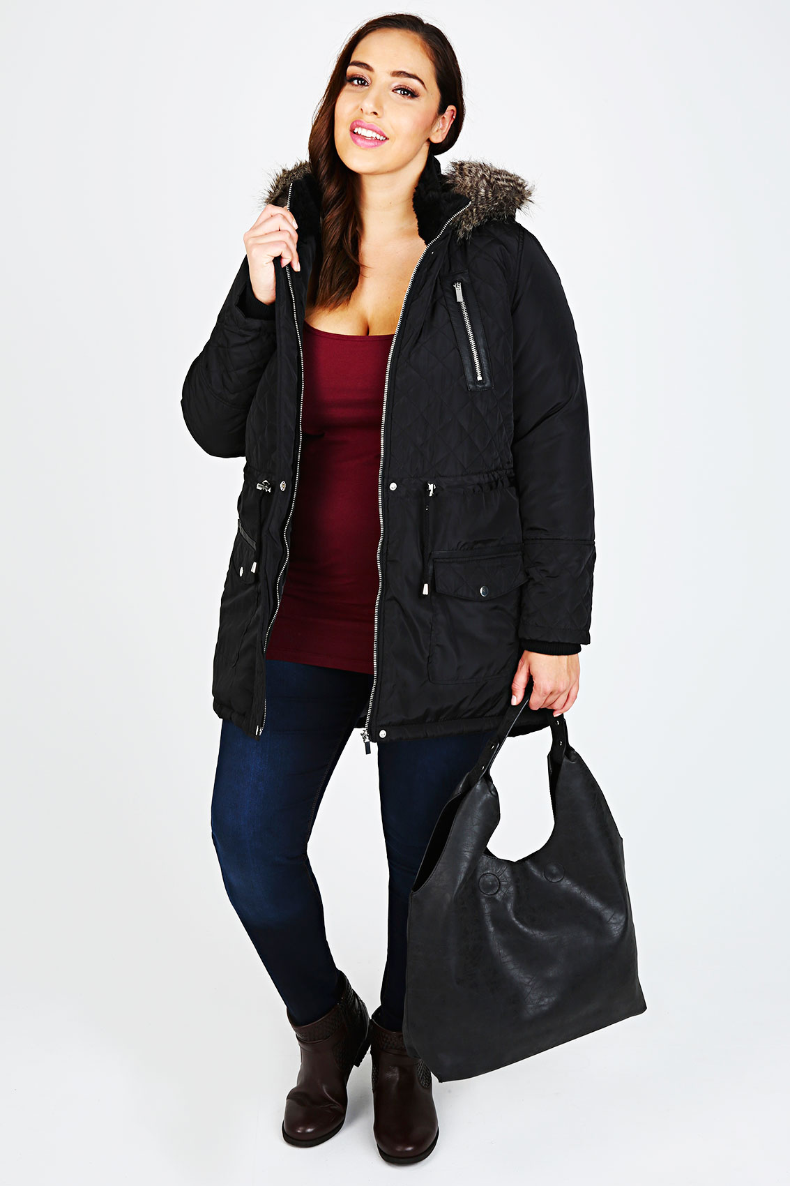 Black Quilted Parka With Fur Hood Plus Size 16 to 36