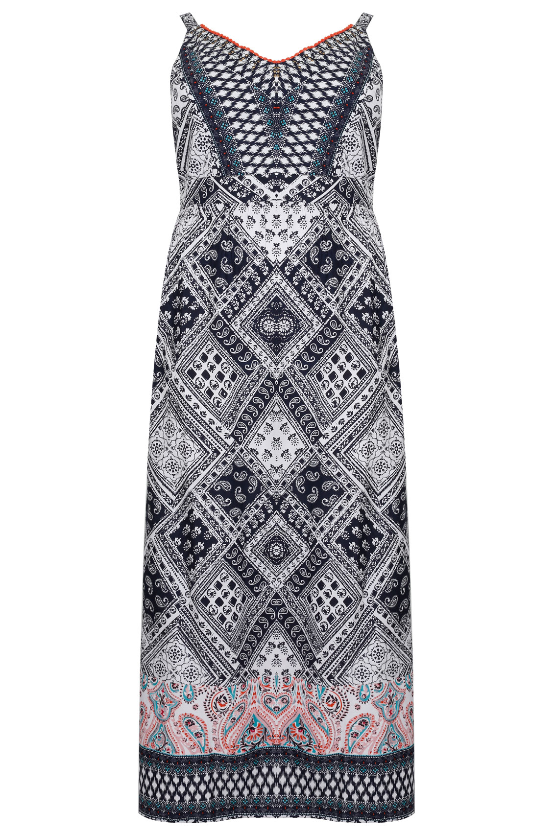 Navy & White Tile Border Print V-Neck Maxi Dress Plus Size 14 to 32
