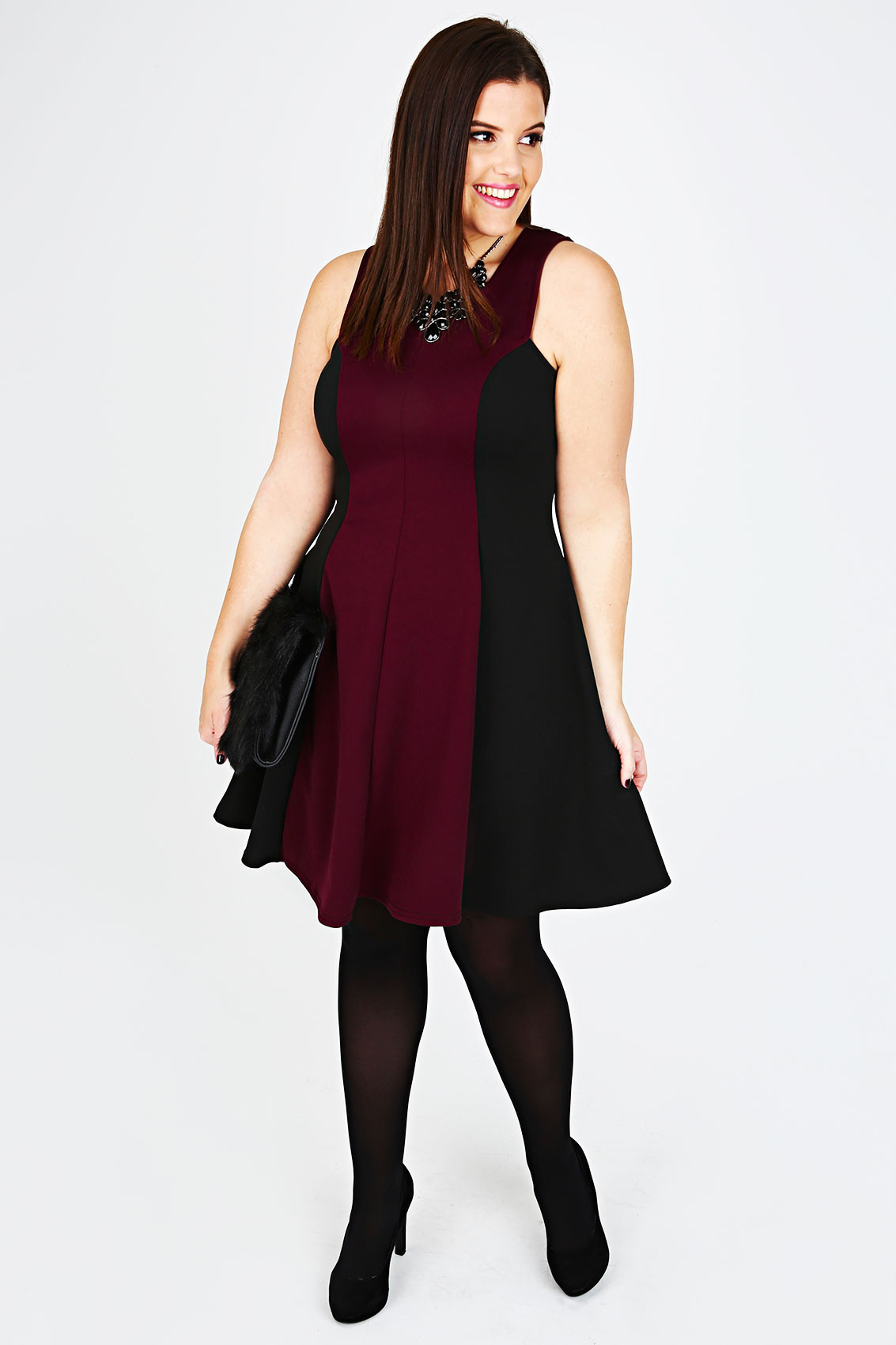 Wine & Black Colour Block Sleeveless Skater Dress Plus Size 14 to 32