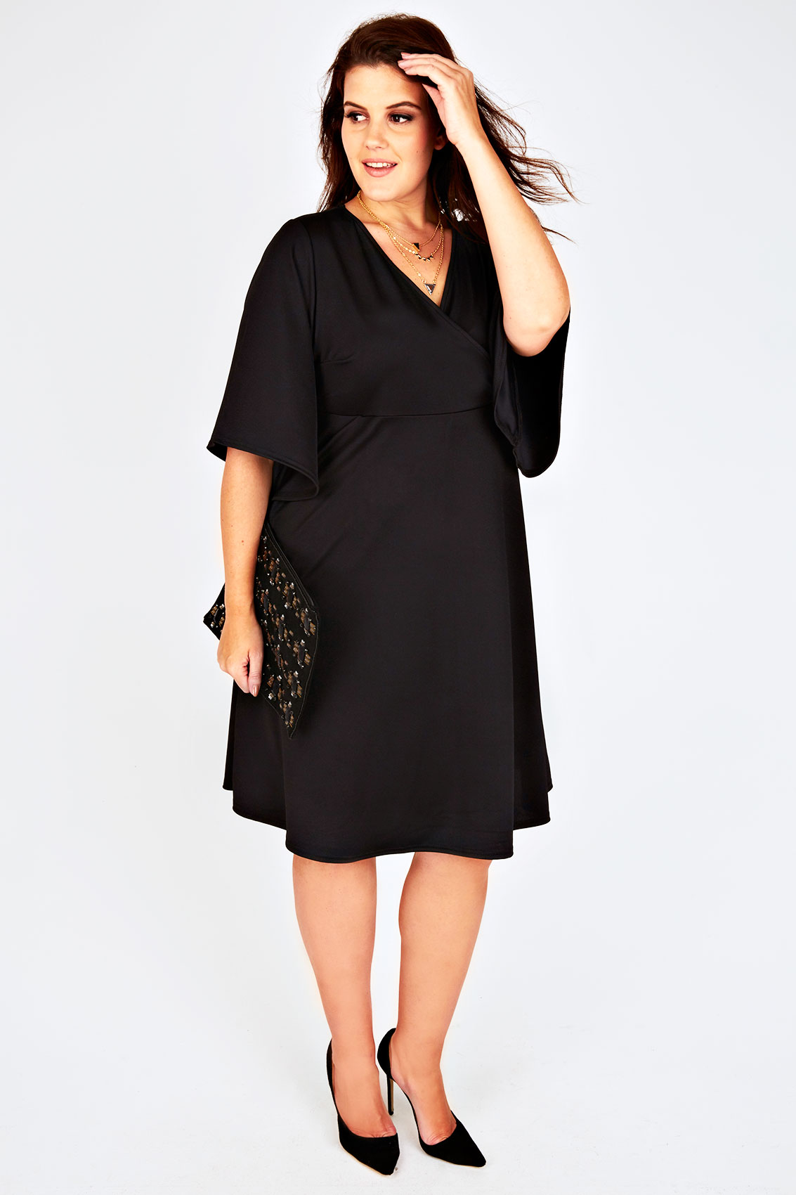 Black Crepe Wrap Front Dress With Flared Short Sleeves Plus Size 14 to 28