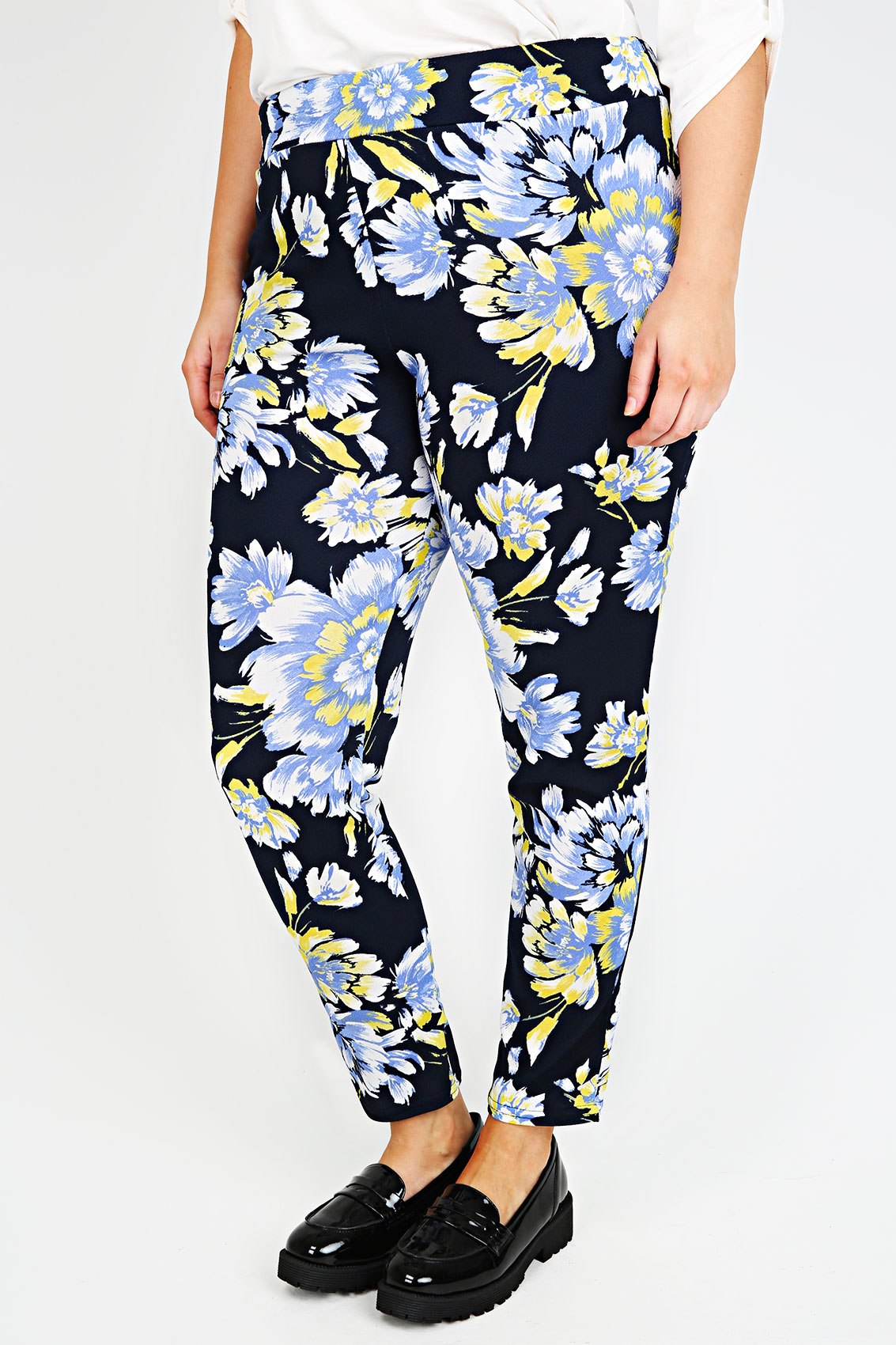 Navy, Blue & Yellow Floral Print Cigarette Trousers Plus Size 14 to 32