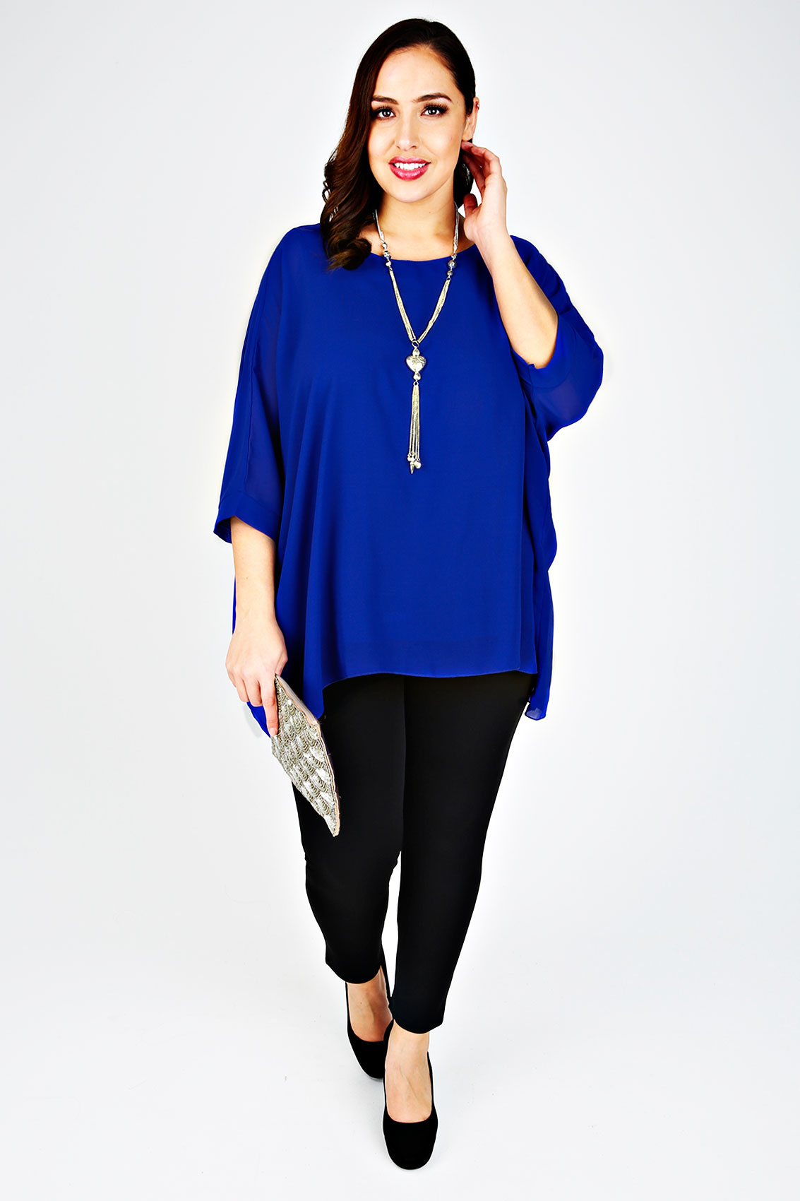 Blue Batwing Sleeve Chiffon Top With Necklace