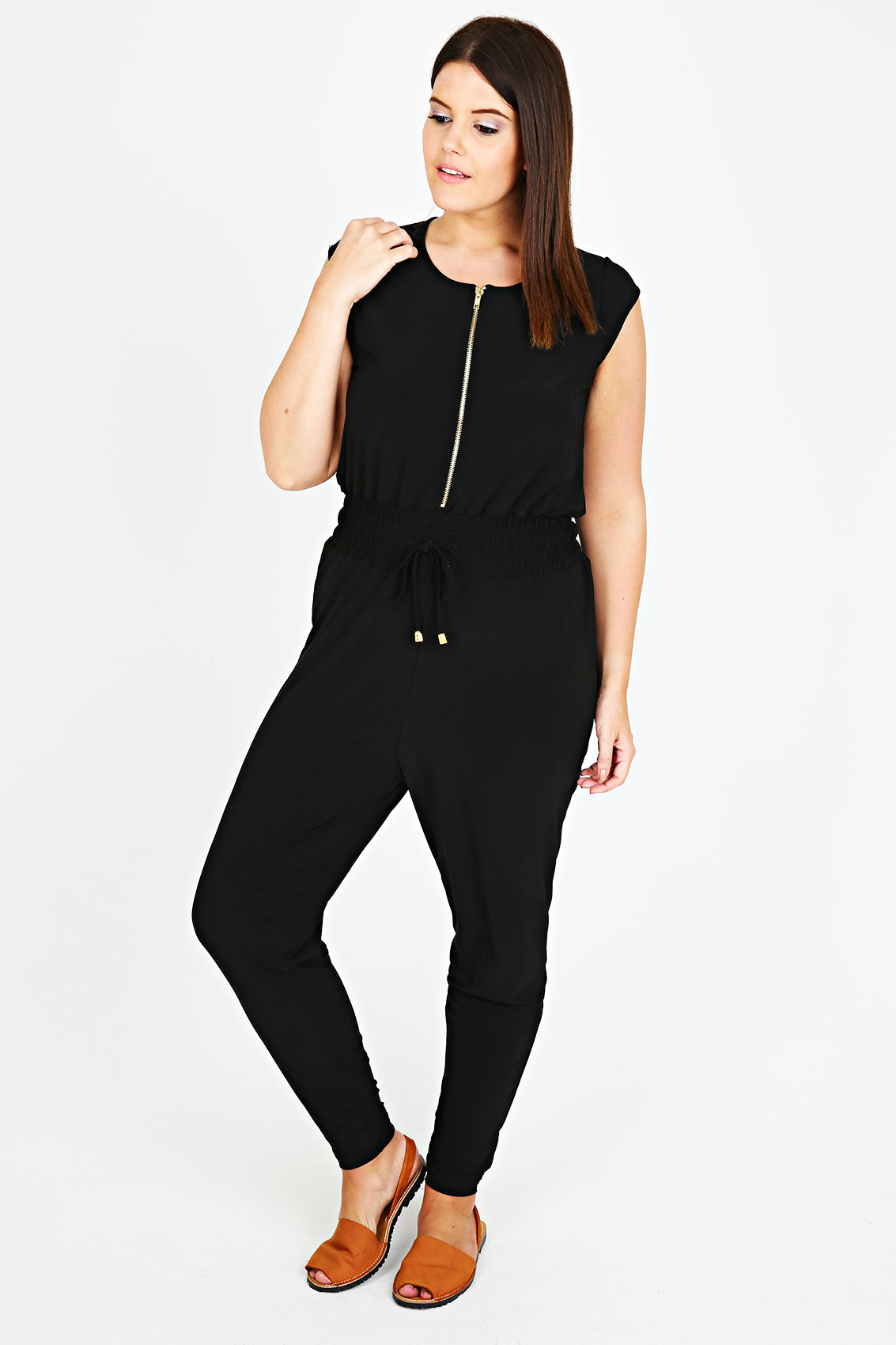 Black Stretch Jersey Utility Jumpsuit With Gold Zip Detail plus size 14 ...