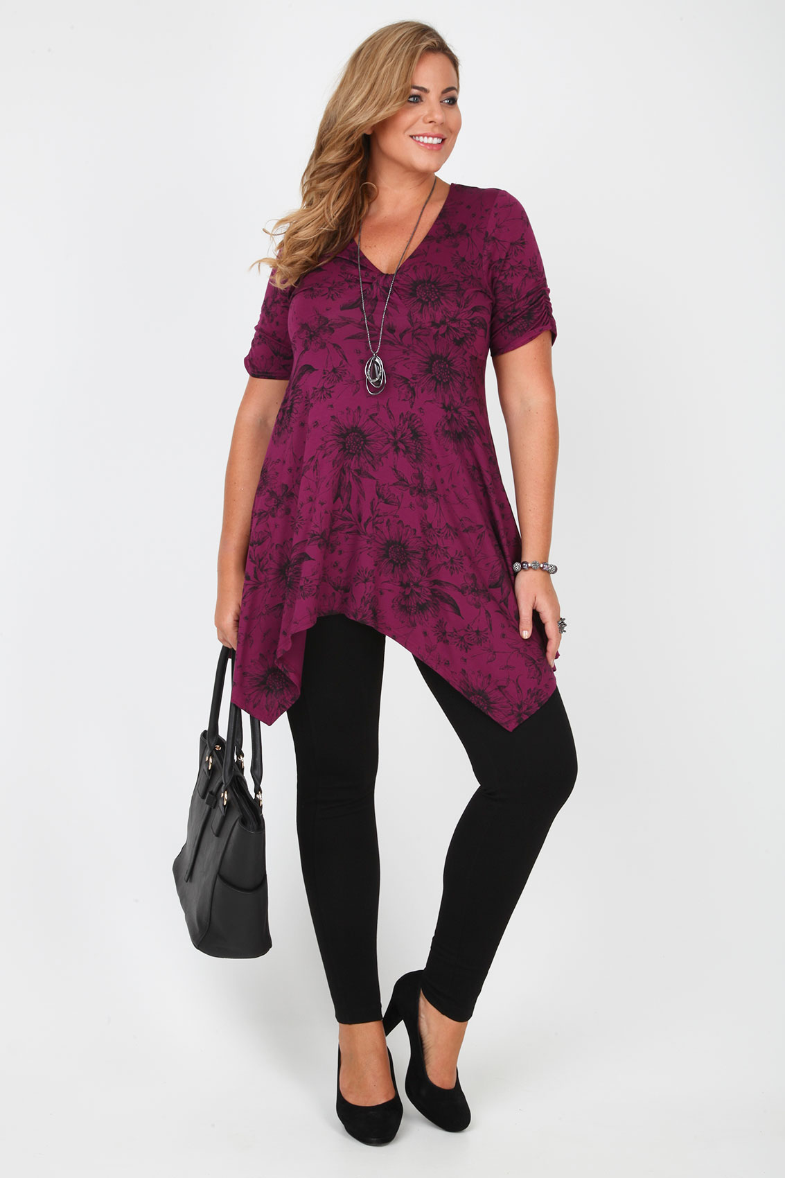 Purple & Black Floral Print Jersey Tunic With Hanky Hem plus size 16,18 ...