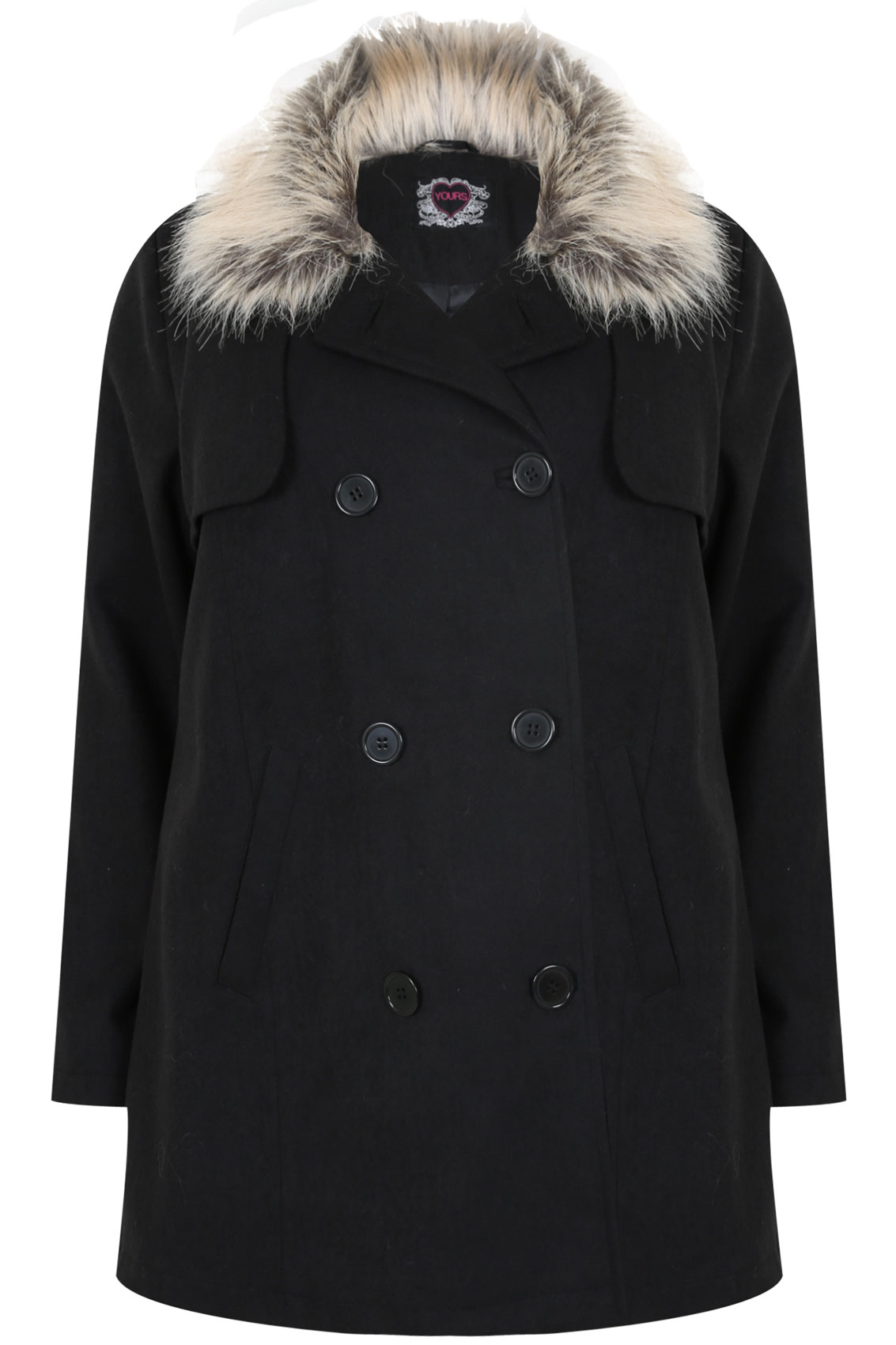 Black Double Breasted Pea Coat With Fur Collar Plus Size 16 to 32