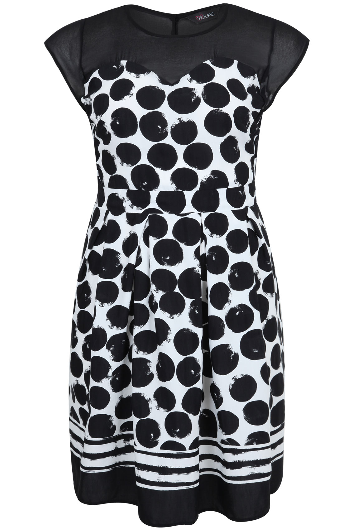Black & White Spot Print Dress With Sheer Yoke plus size 16,18,20,22,24 ...