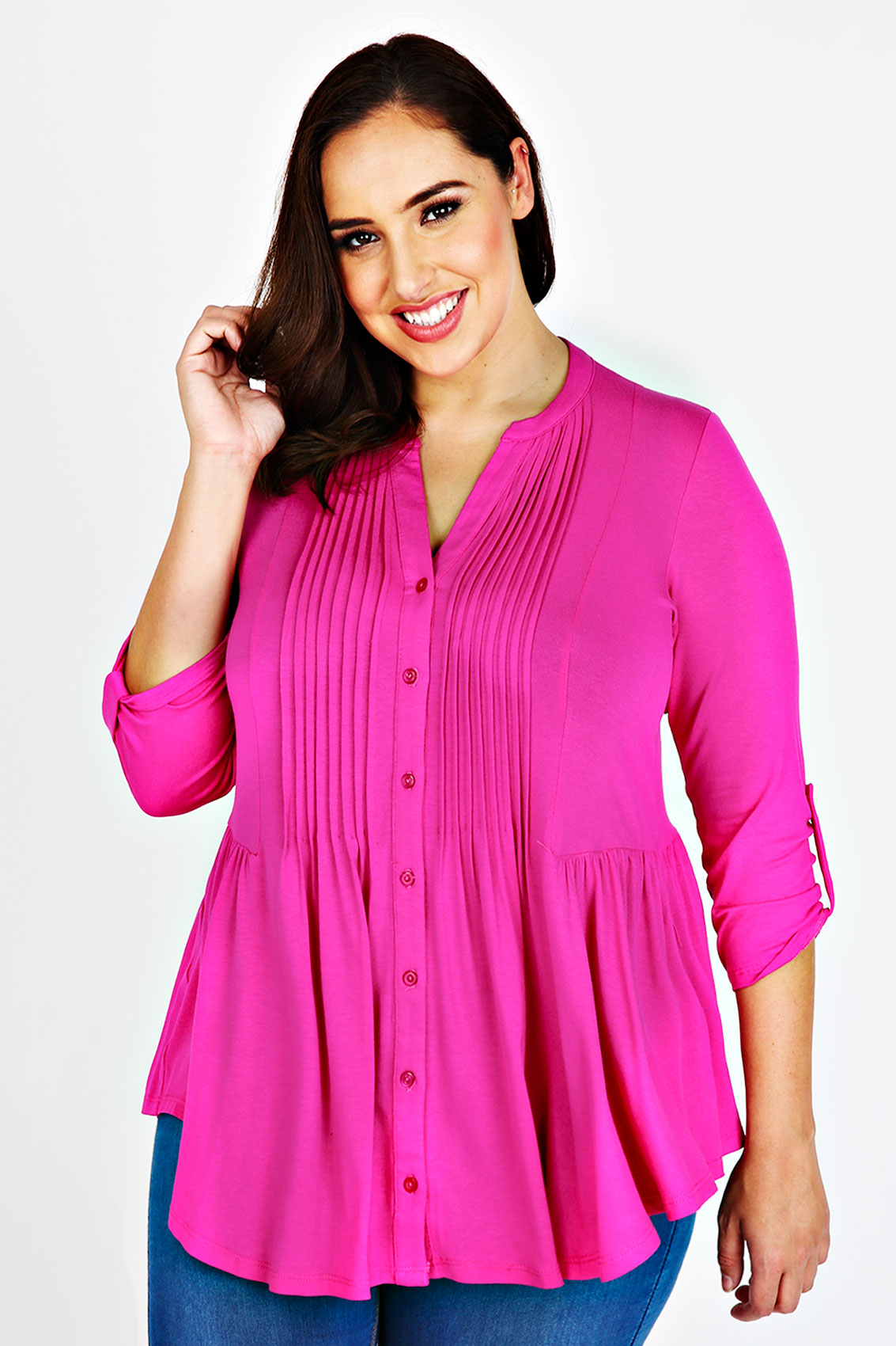 Magenta Pintuck Shirt With 3/4 Length Sleeves Plus Size 16,18,20,22,24 ...