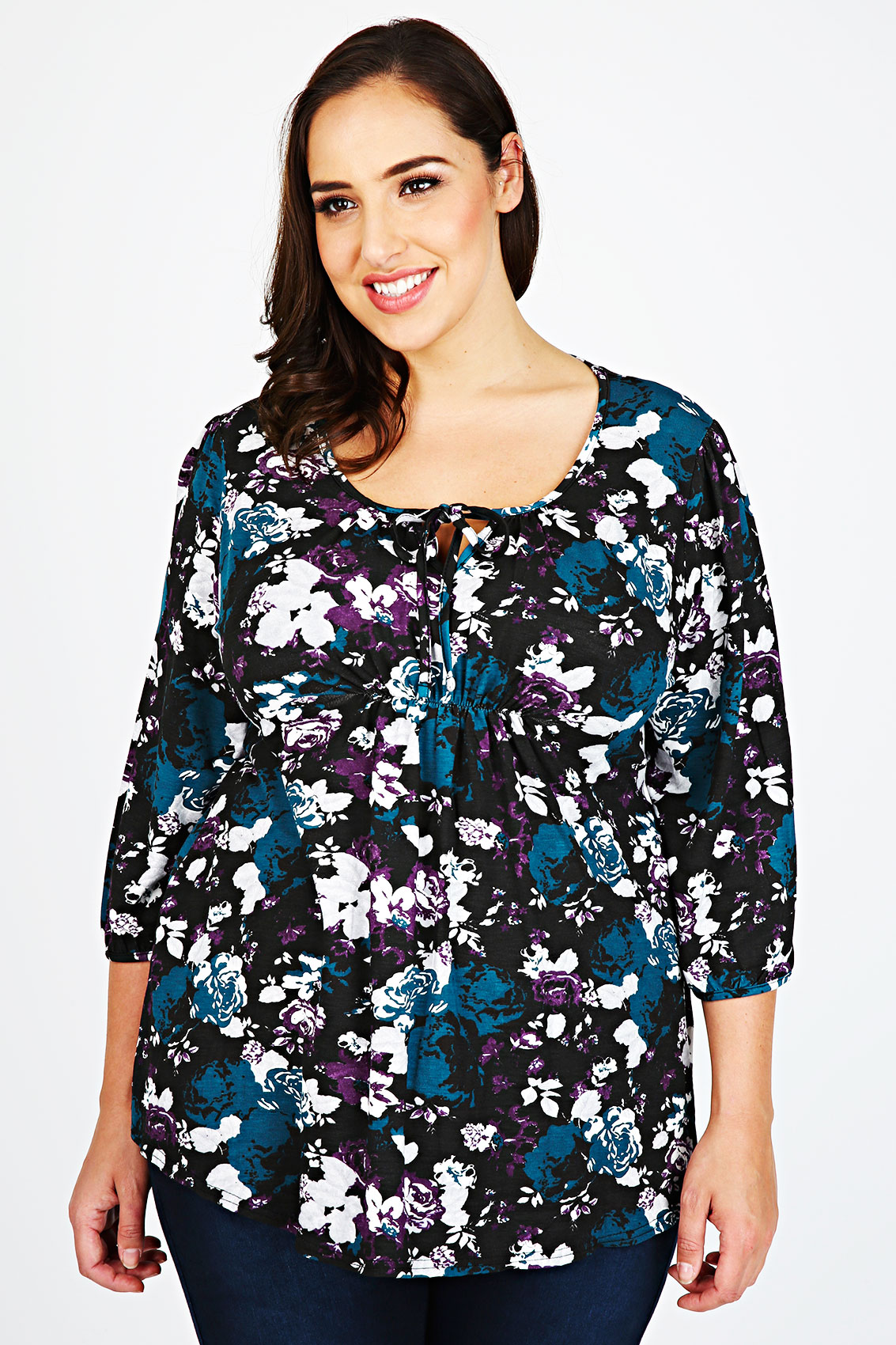 Floral Teal Smock Top With Keyhole Tie Neckline Plus Size 16 to 32