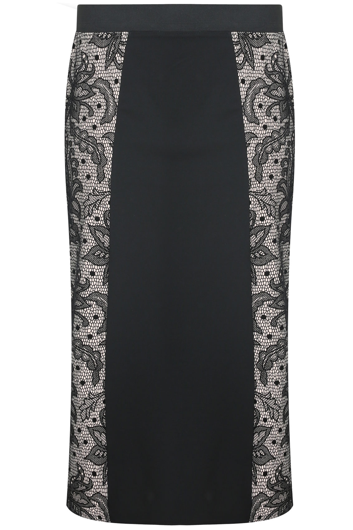 Black Midi Pencil Skirt With Floral Flocked Lace Panel