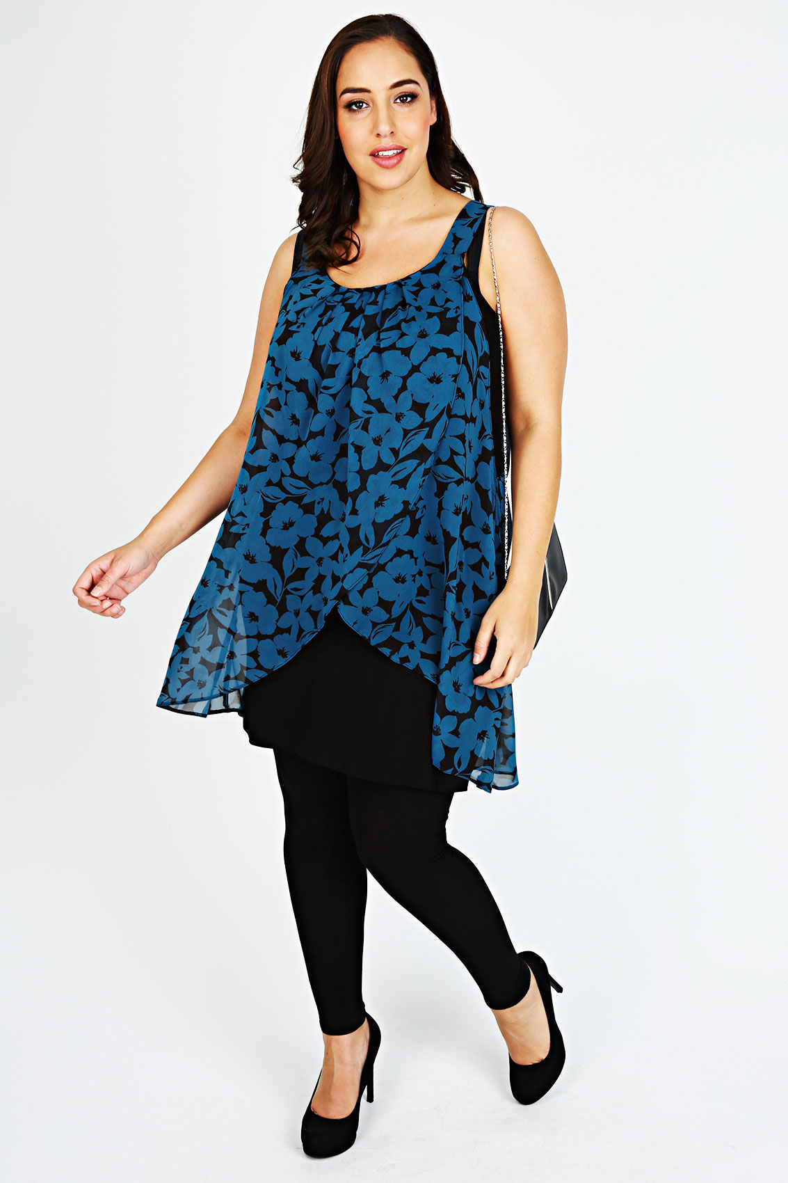 Black And Teal Floral Print Chiffon Overlay Tunic Dress Plus Size 14,16 ...