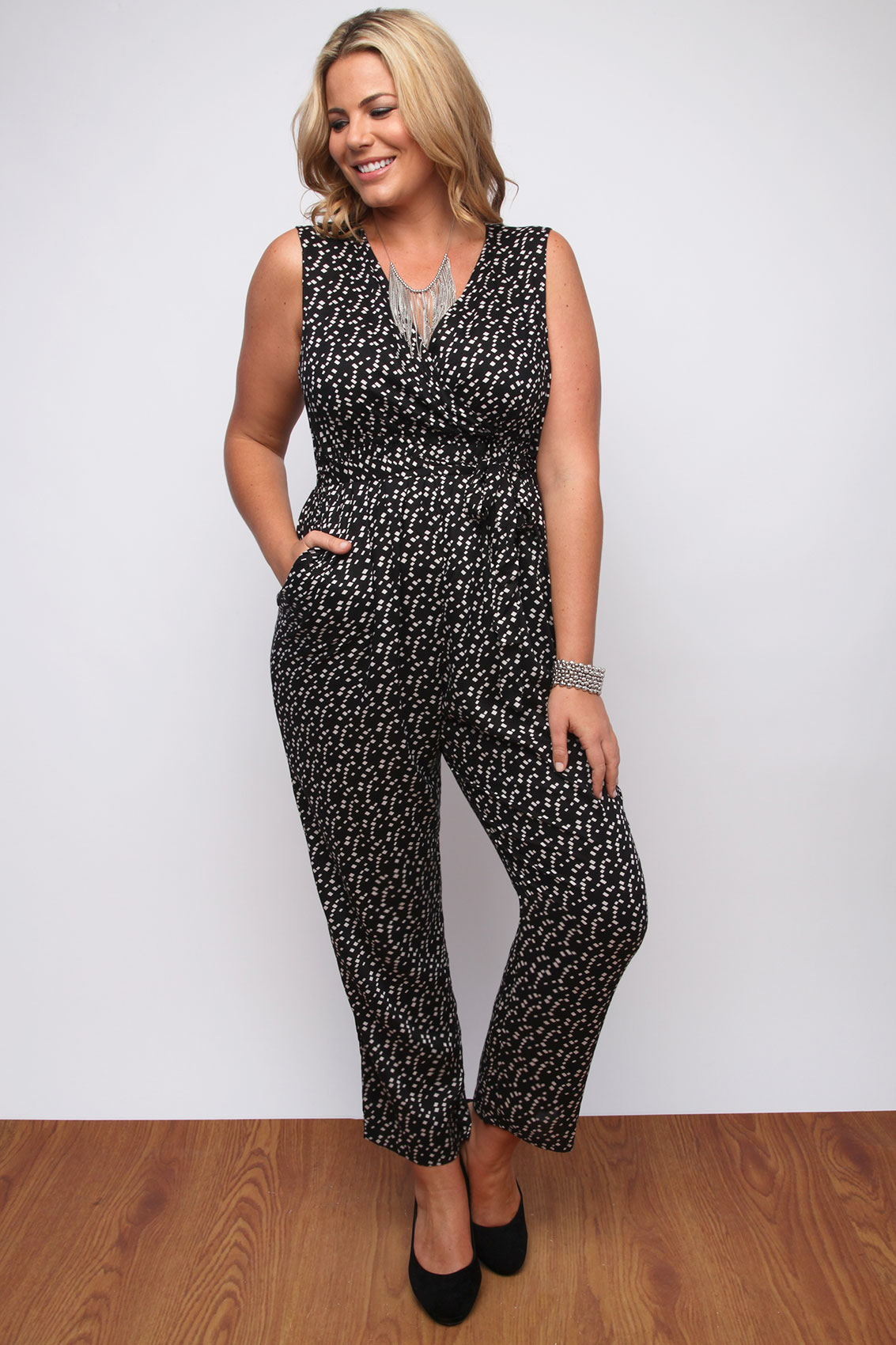 Black Abstract Print Sleeveless Wrap Front Jumpsuit plus size 14,16,18 ...