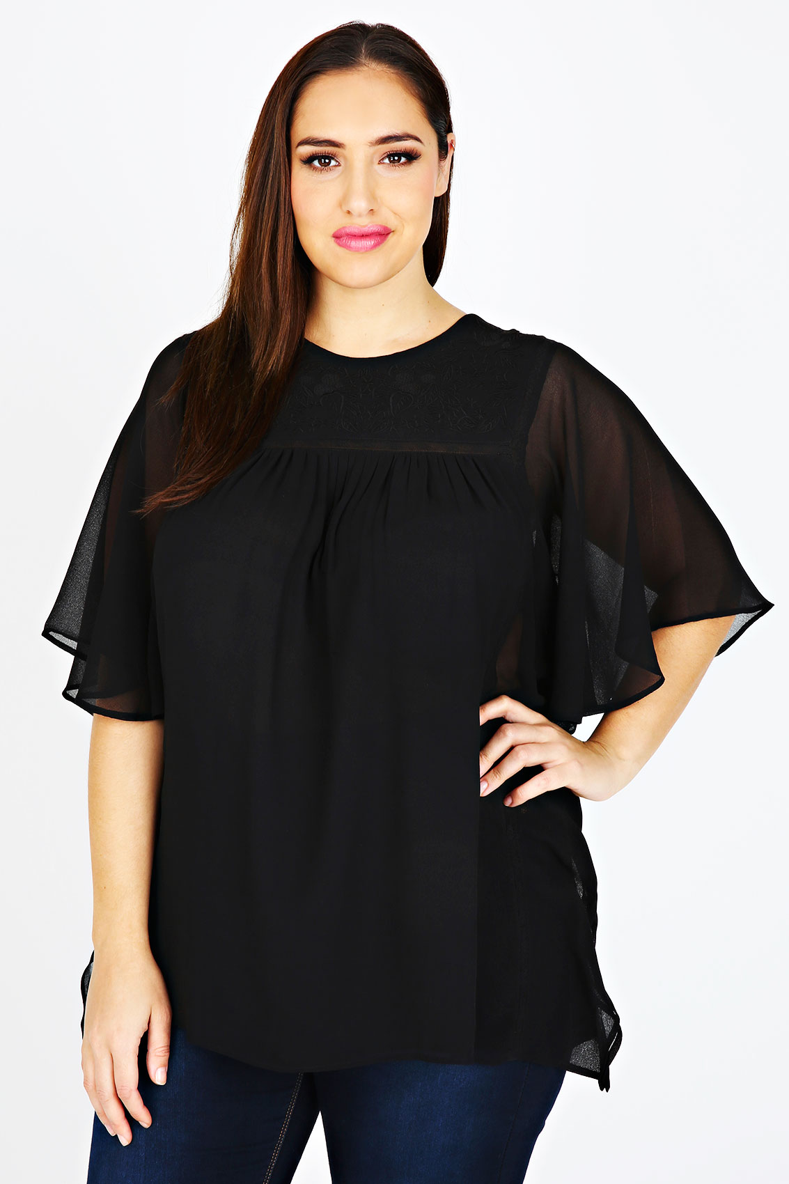 Black Angle Sleeve Embroidered Blouse Plus size 16,18,20,22,24,26,28,30,32