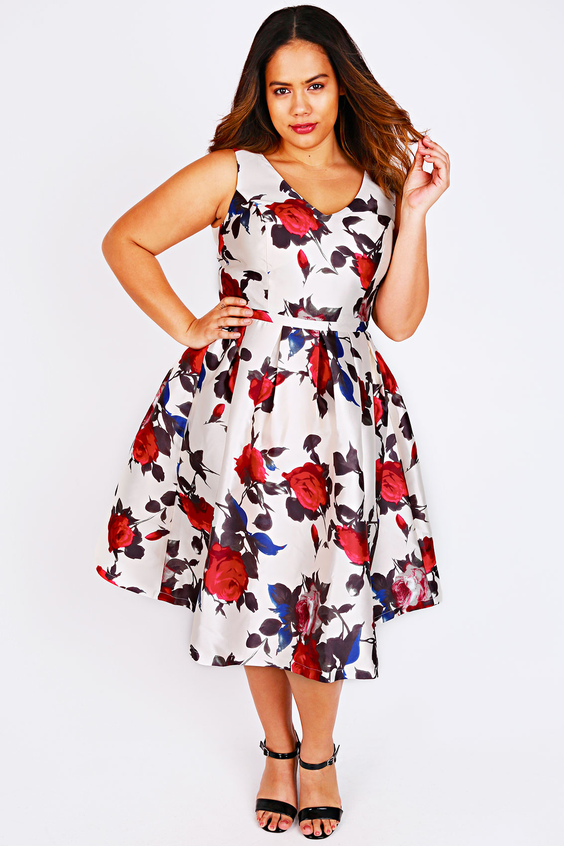 CHI CHI LONDON Ivory & Red Rose Sateen Prom Dress plus size 14,16,18,20,22