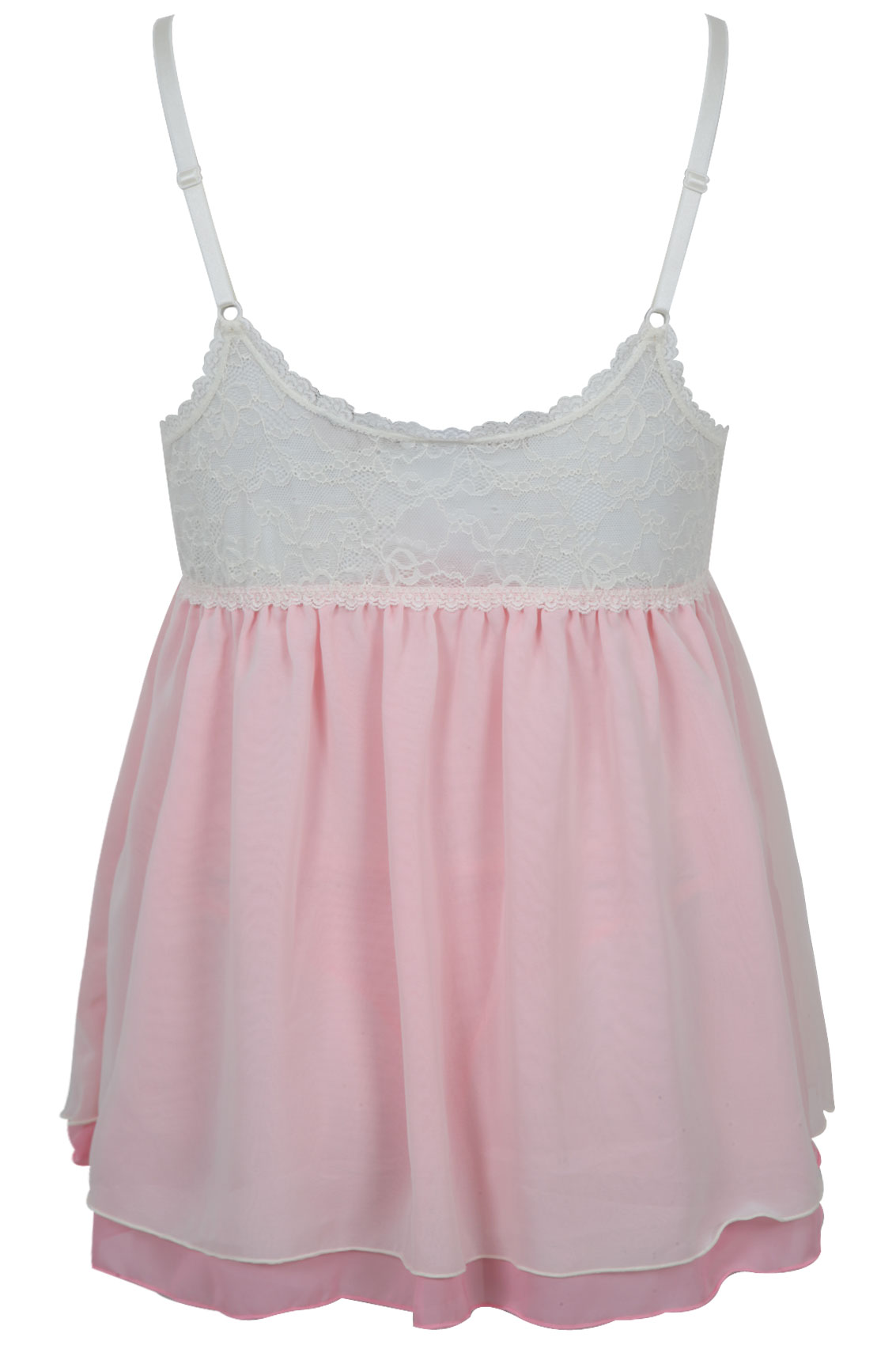Pink & Cream Chiffon Babydoll And Thong Set With Lace Detail plus Size ...