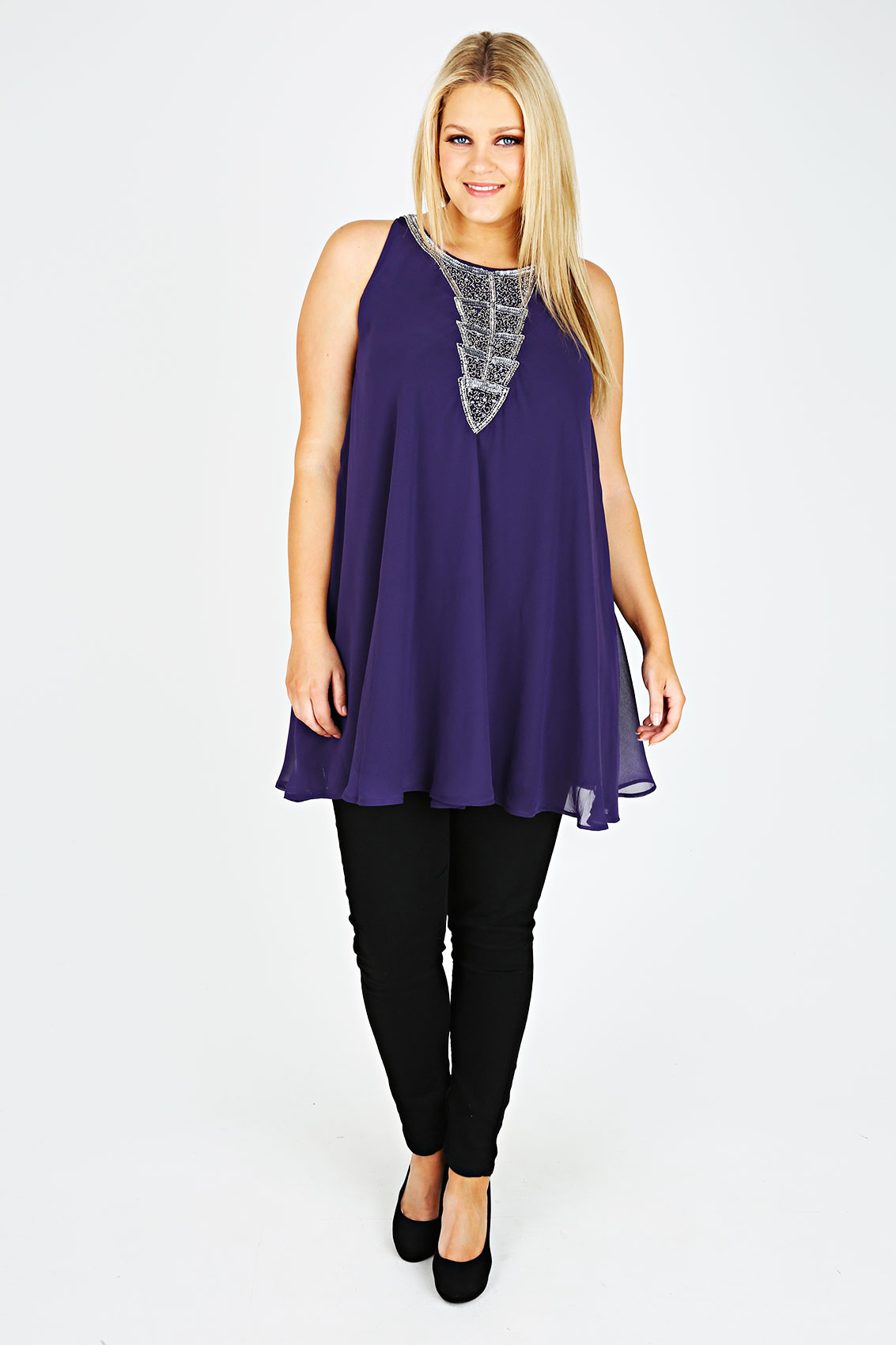 Purple Chiffon Sleeveless Tunic With Silver Embellishment Plus size 16 ...