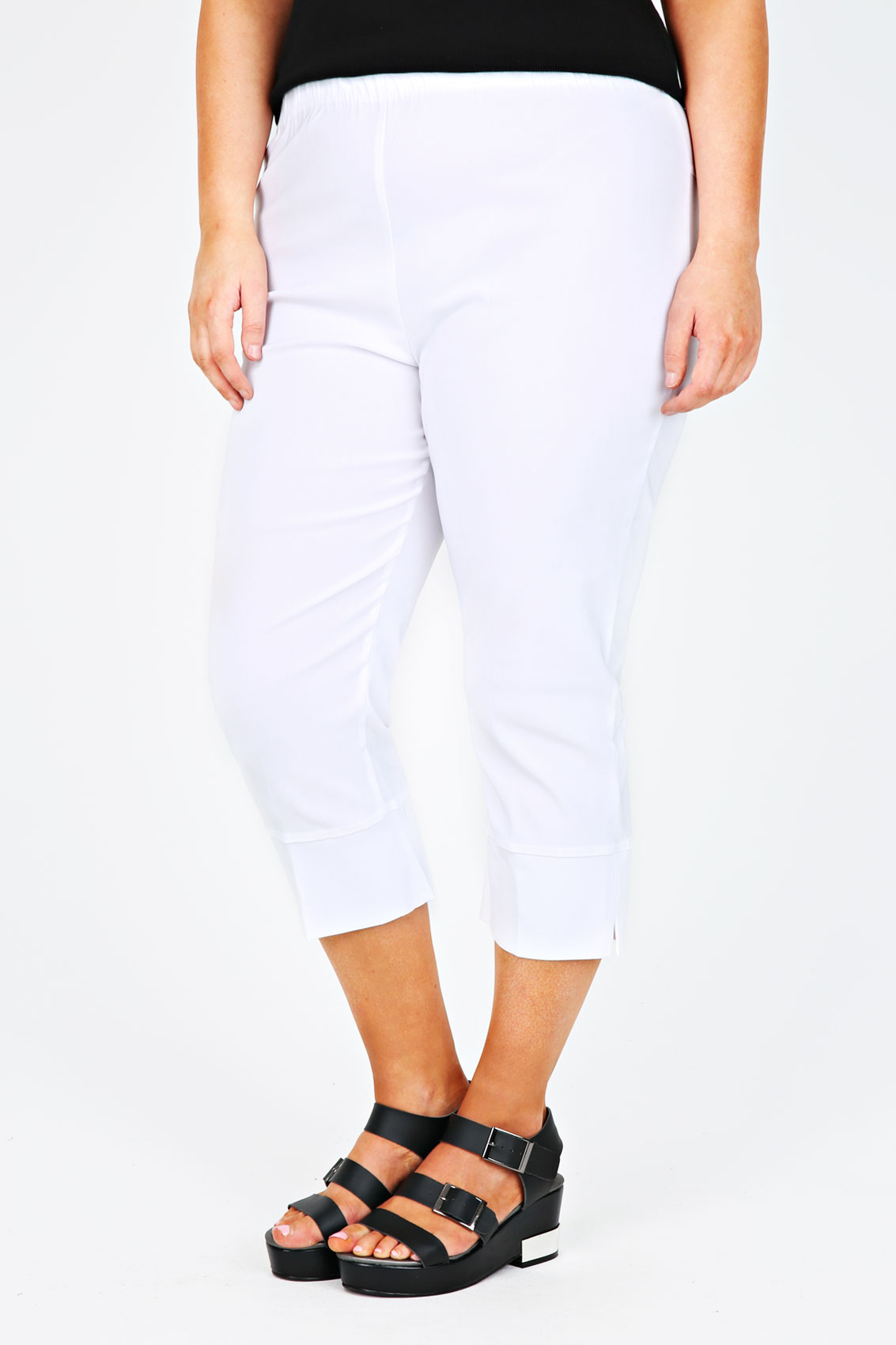 White Pull On Stretch Cropped Trousers plus Size 16 to 36