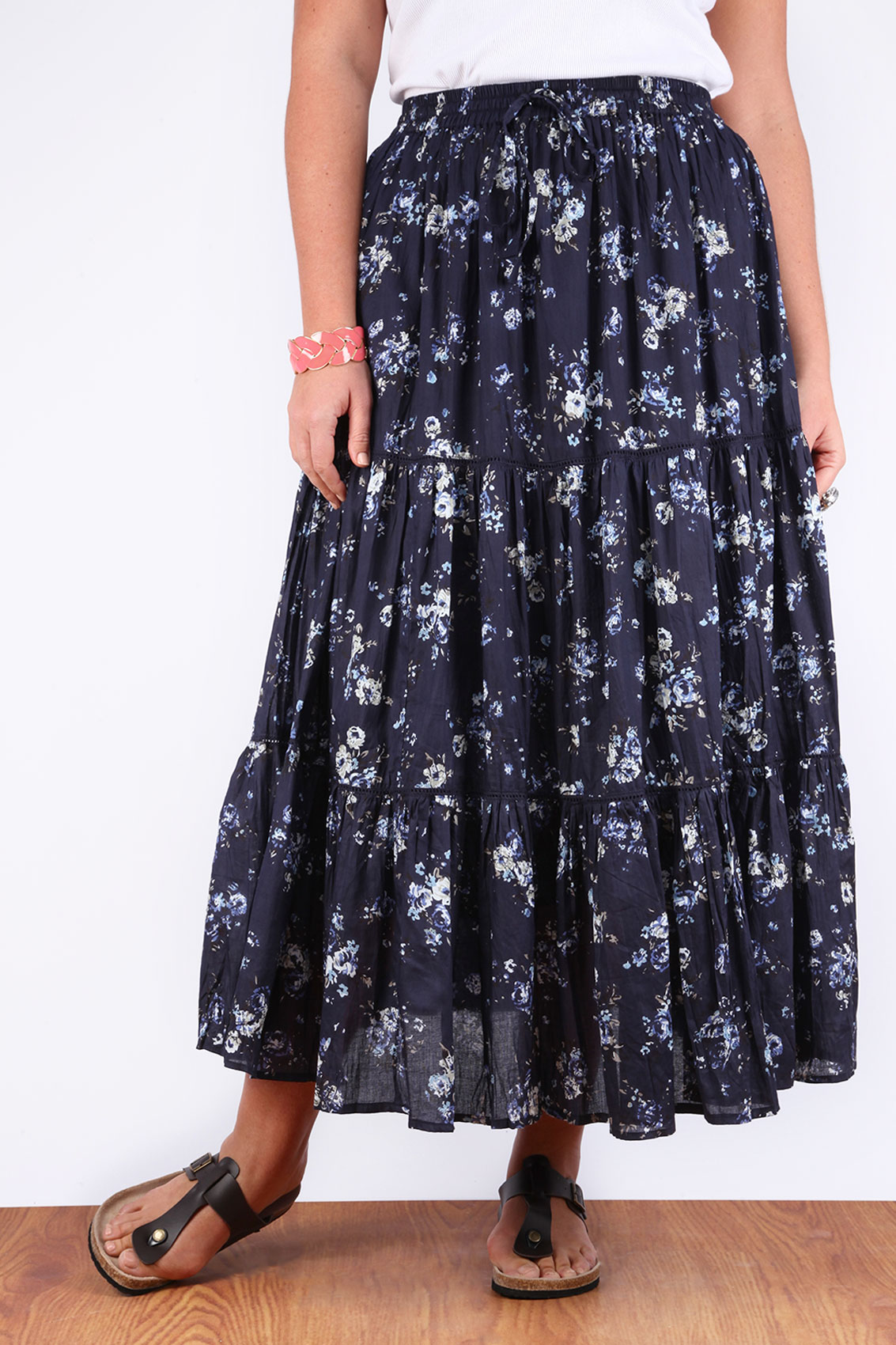 Navy Blue Floral Ditsy Print Maxi Skirt With Crochet Detail plus size ...