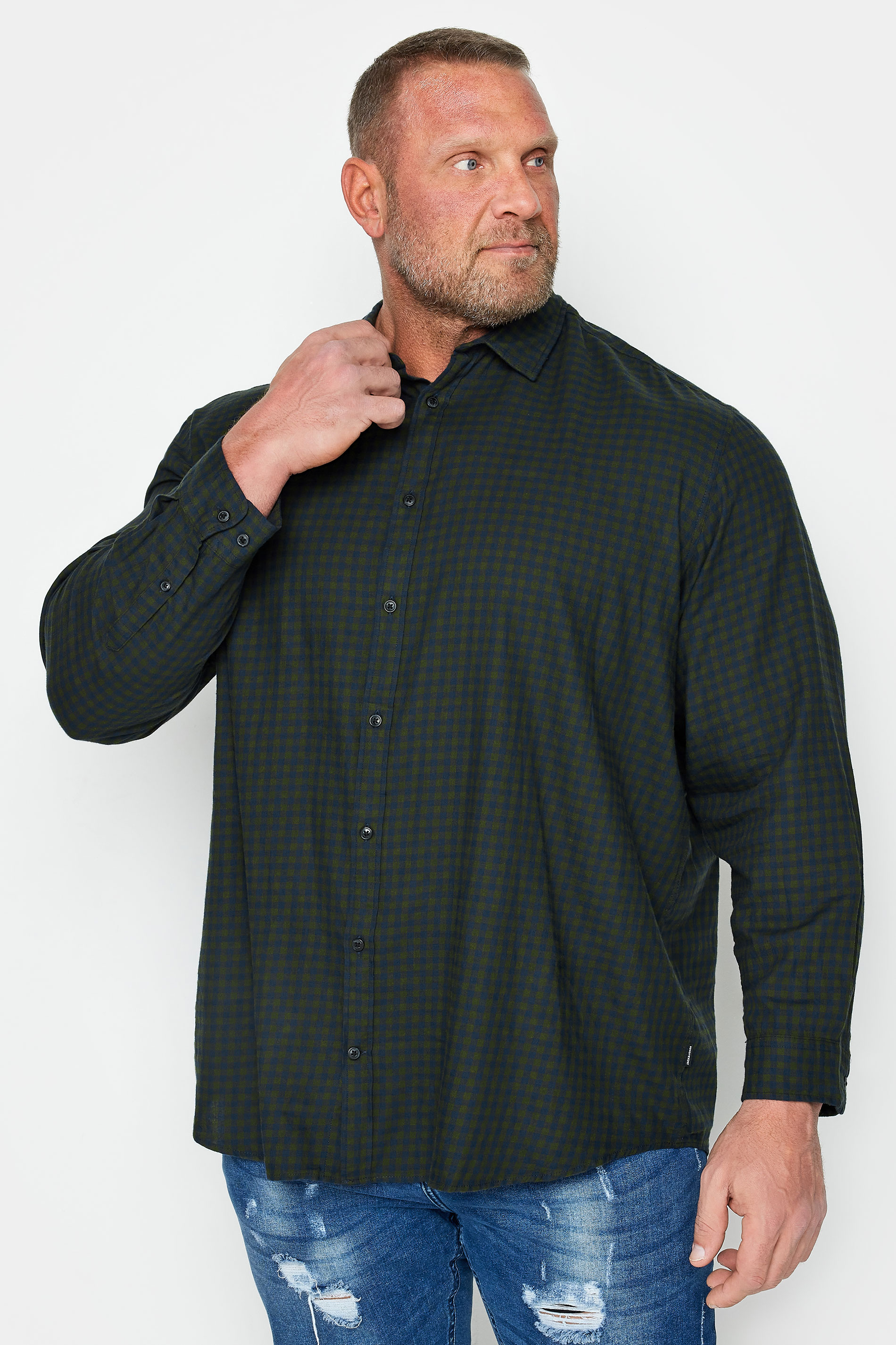 Image of Size 1Xl Mens Jack & Jones Big & Tall Forest Green Long Sleeve Gingham Shirt Big & Tall