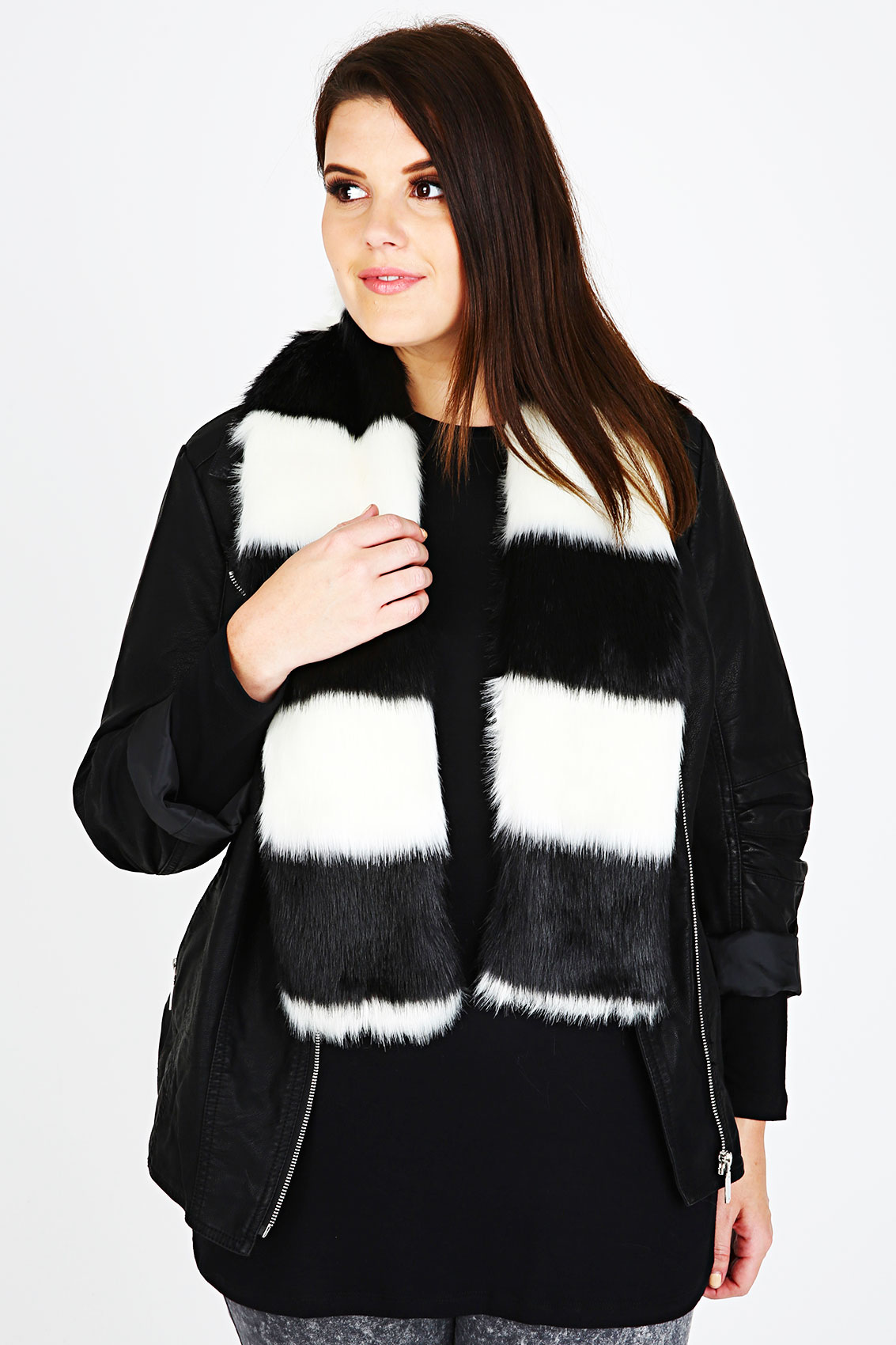 Black and White Faux Fur Stole Scarf With Silky Lining