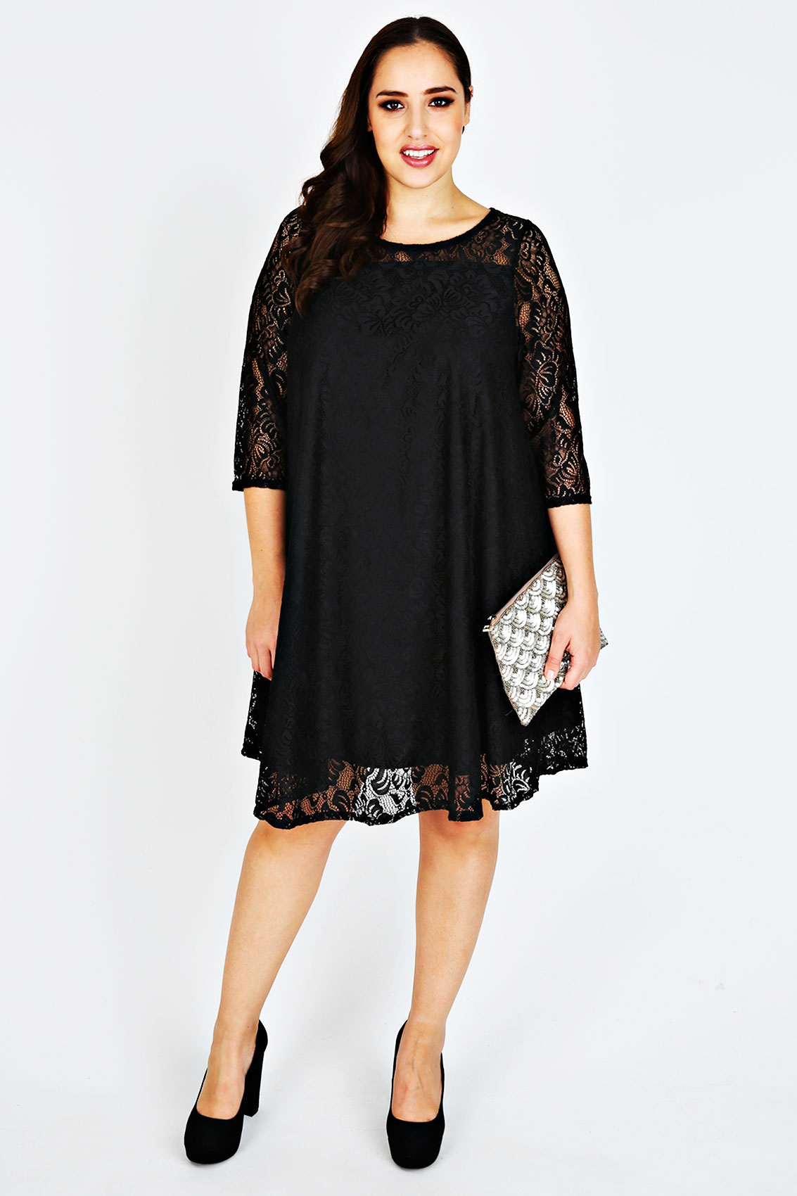 Black Lace Sleeved Swing Dress Plus Size 14 to 36