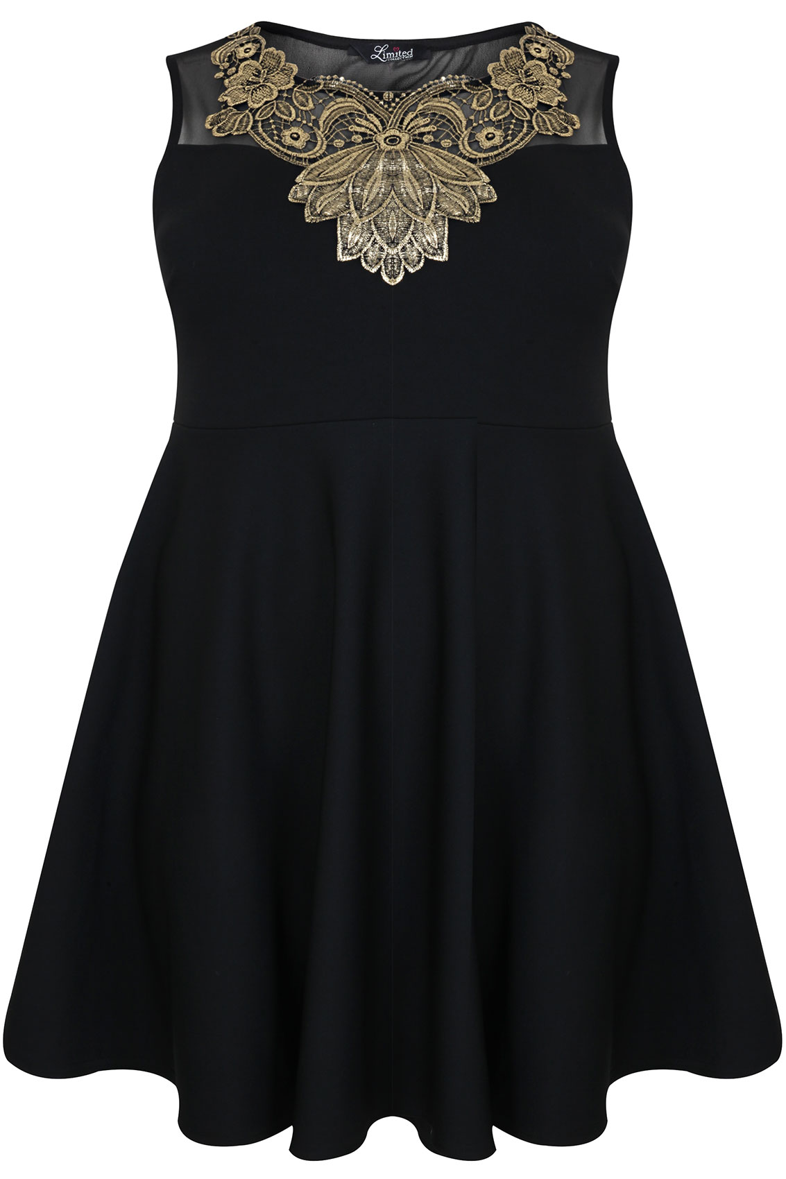 Black & Gold Metallic Floral Embroidered Sleeveless Skater Dress Plus ...