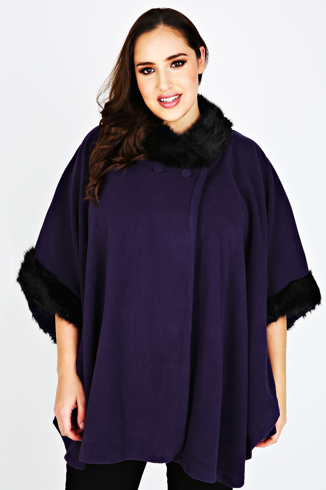 Purple Fleece Wrap With Faux Fur Neck And Cuff Trims