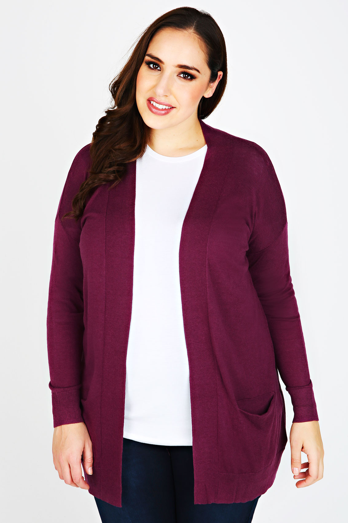 Dark Pink Longline Cardigan With Slouch Pockets Plus size 16,18,20,22 ...