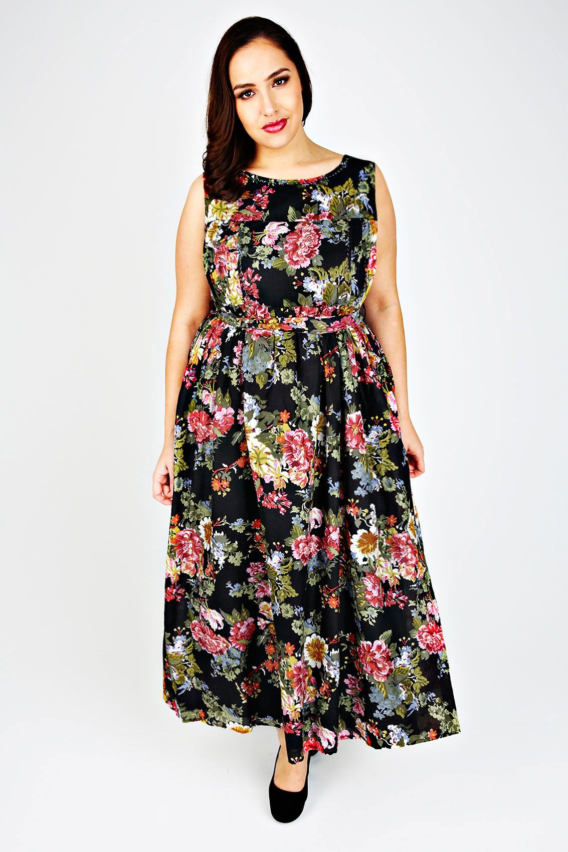 Floral Print Cotton Maxi Dress With Bead Embellishment plus Size 14 to 36