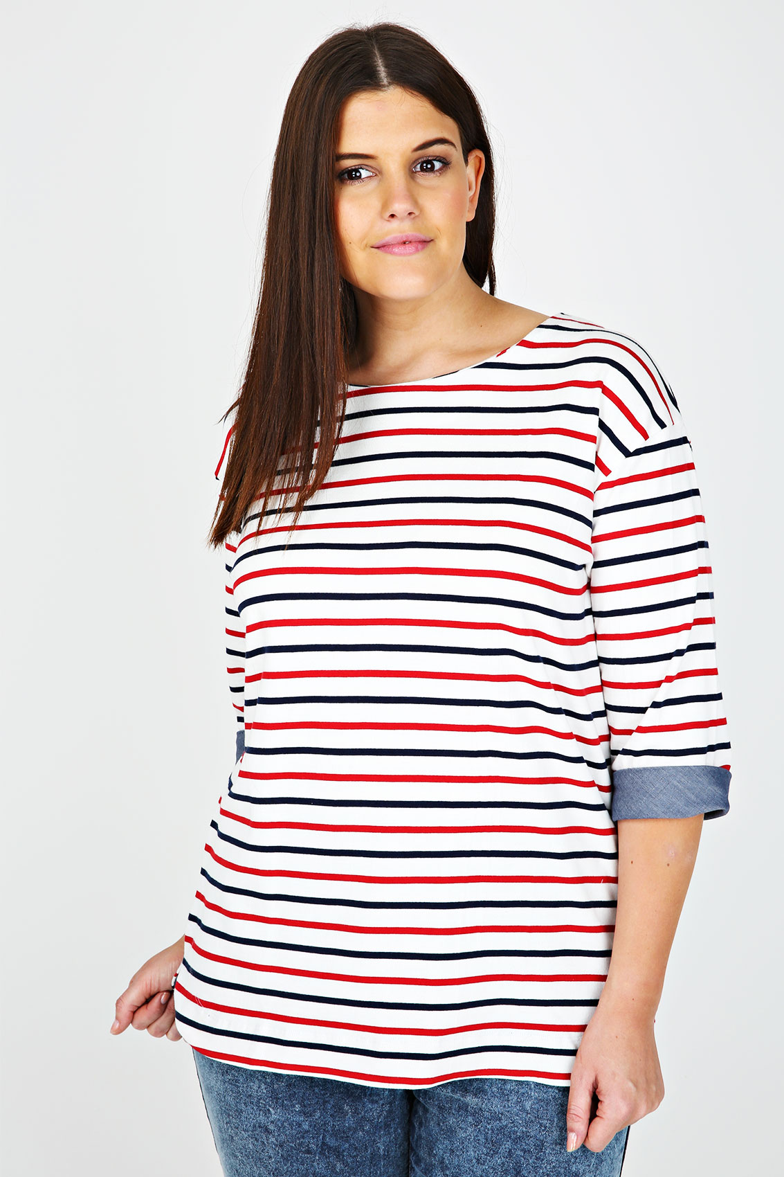 Blue, Red And White Striped Sweatshirt With 3/4 Length Sleeves Plus ...