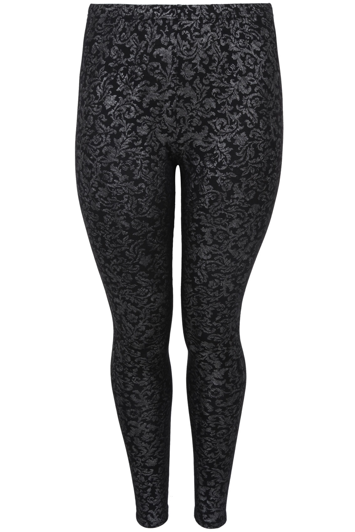 Black & Metallic Grey Foil Leaf Print Viscose Elastane Leggings plus ...