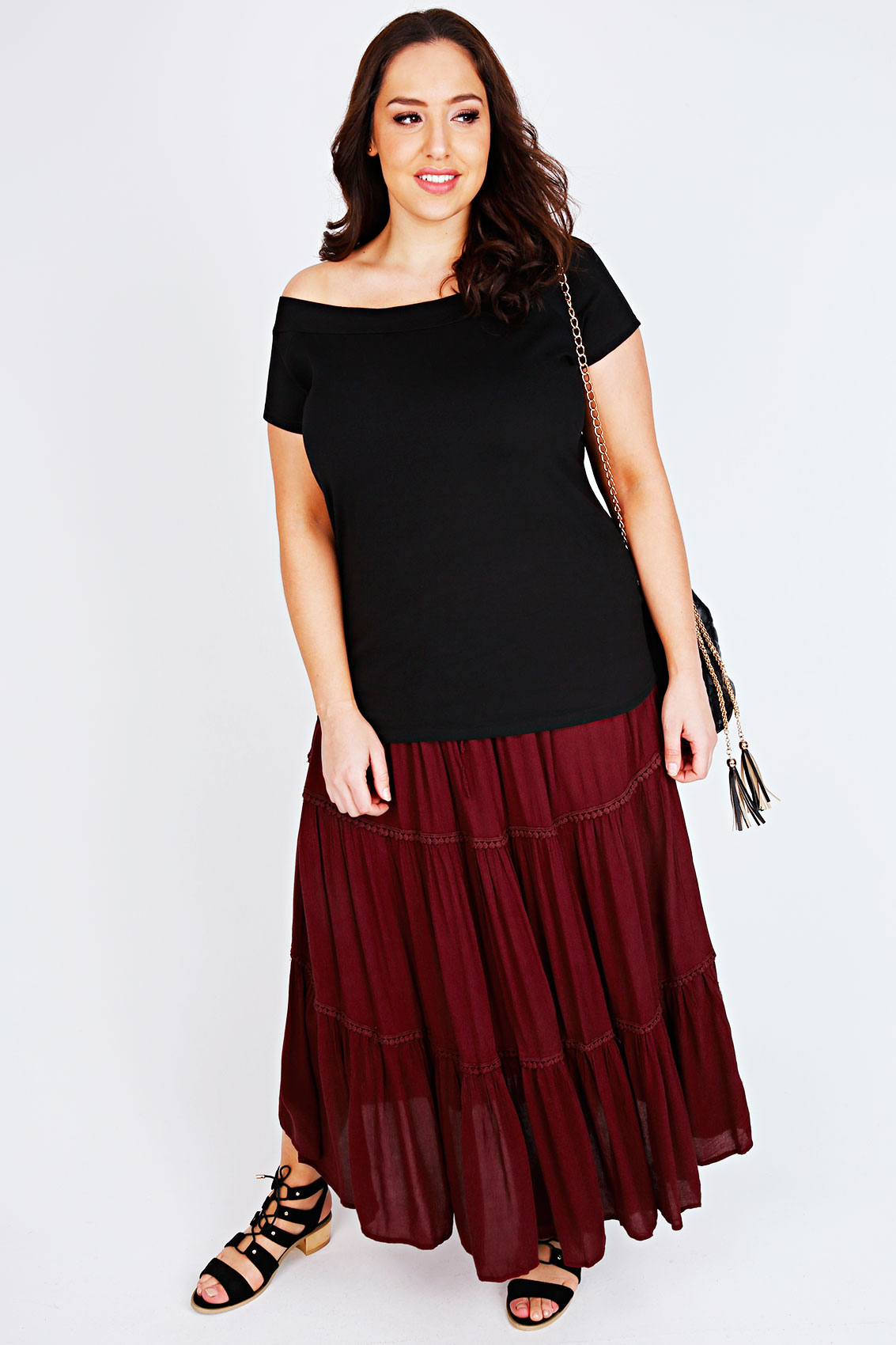 Brick Red Gypsy Maxi Skirt With Crochet Detail Plus Size 14 to 36