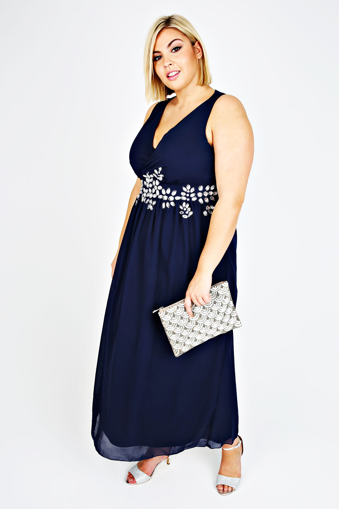 Navy Cross Over Maxi Dress With Embellished Waist Plus Size 16 to 32