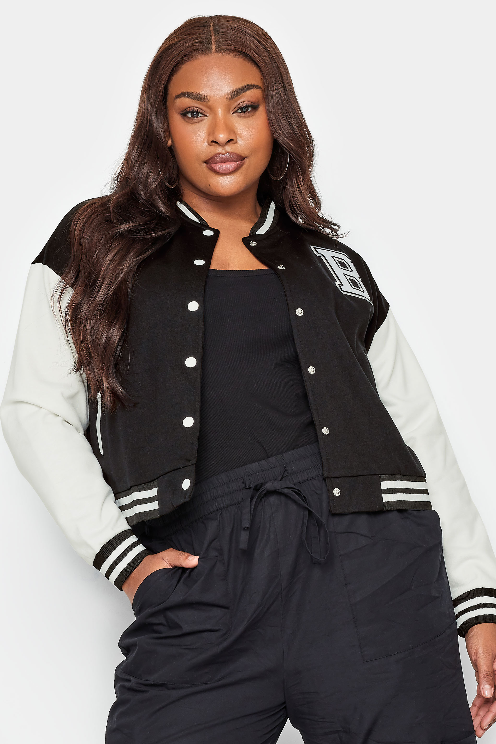 Yours Curve Black & Grey Cropped Bomber Jacket, Women's Curve & Plus Size, Yours product