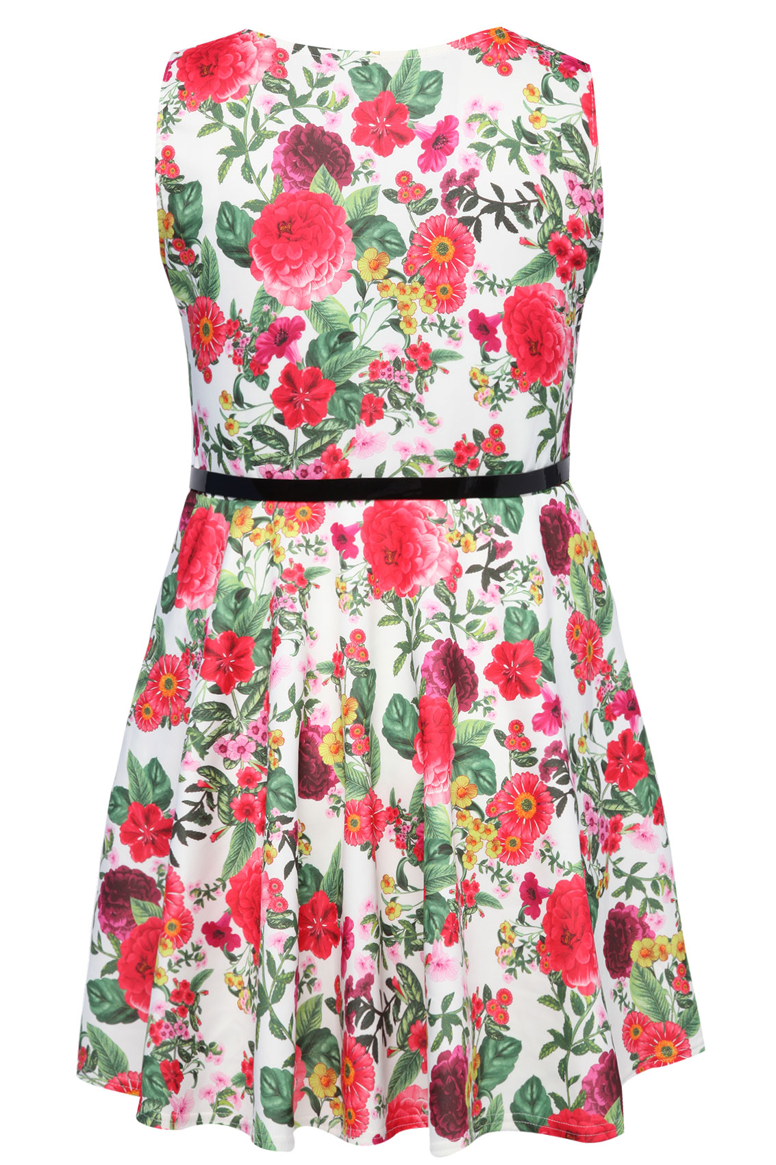 Pink And White Floral Print Skater Dress With Black Patent Belt plus ...
