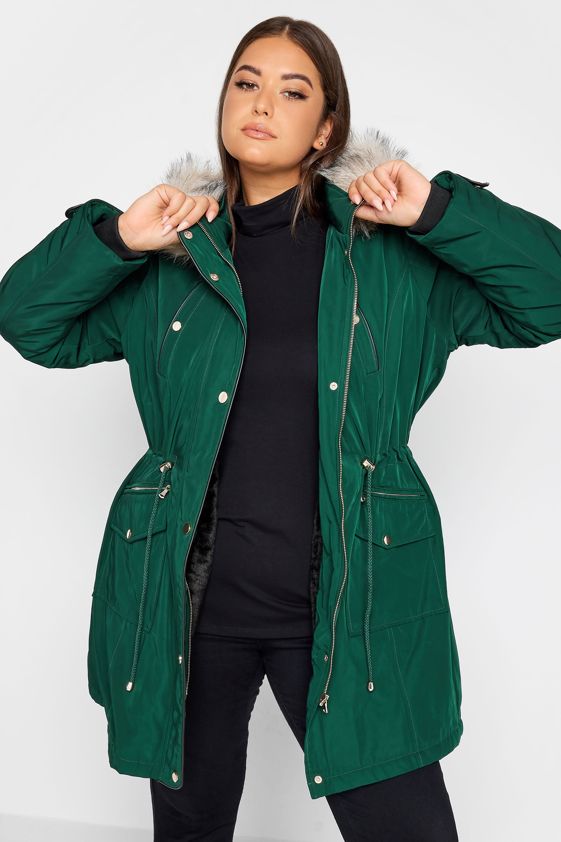 Yours Curve Forest Green Faux Fur Trim Hooded Parka Coat, Women's Curve & Plus Size, Yours product