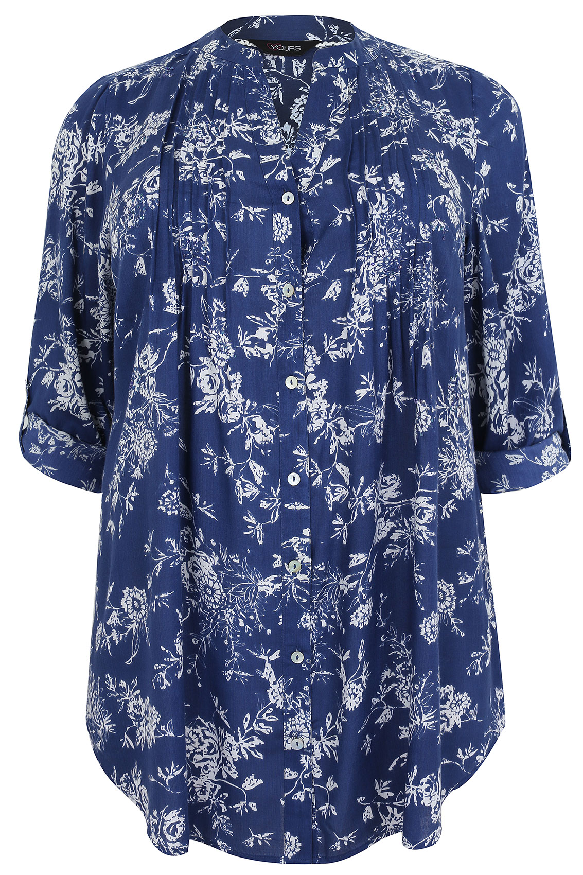 Blue & White Floral Print Pintuck Blouse Plus Size 16 to 32