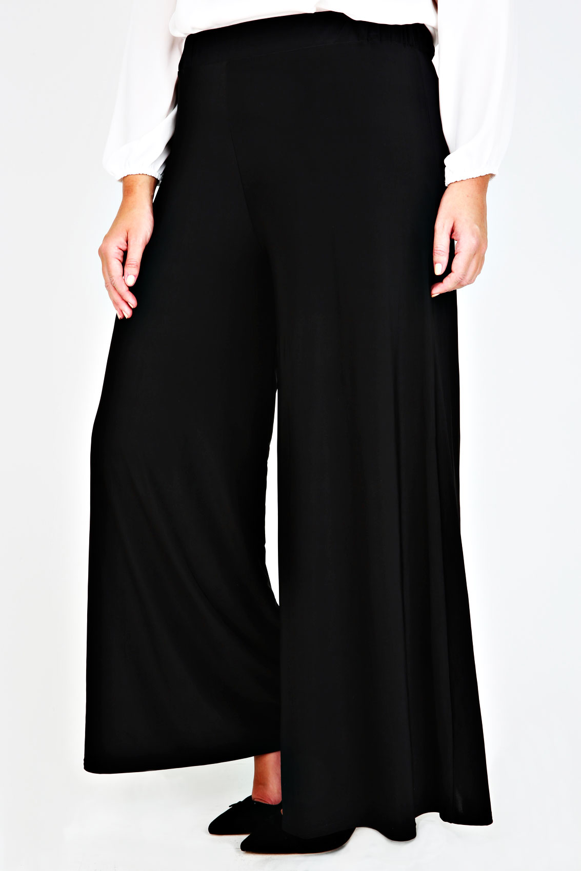 Black Wide Leg Pull On Palazzo Trousers - PETITE plus Size 16 to 32