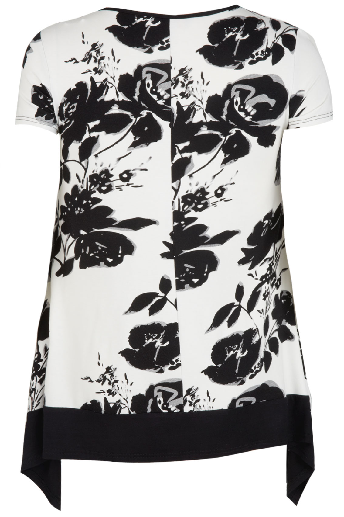 Black & White Floral Print Longline Top With Hanky Hem Plus Size 16 to 32